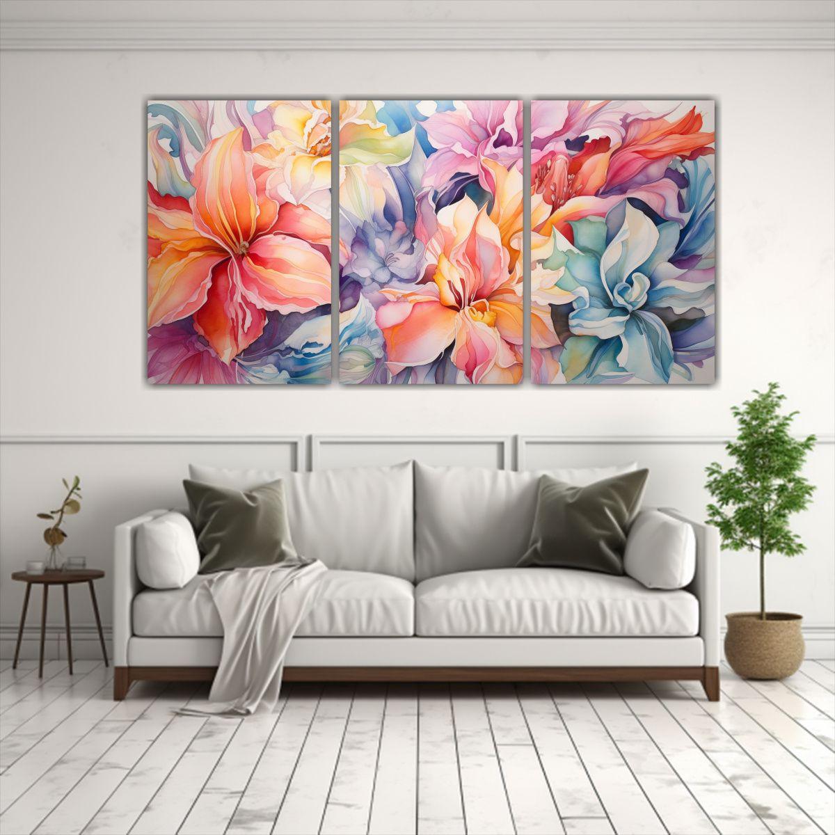 Conjunto 3 Lienzos Tela Flores Abstractas 120x60 Cm-2