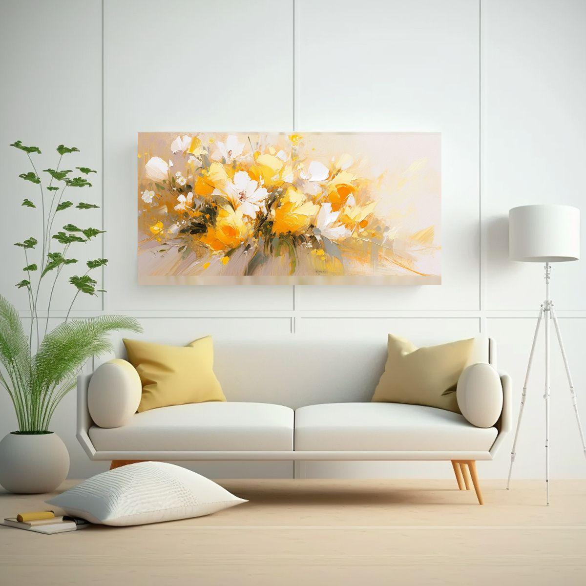 Cuadro Floral Amarillo Y Blanco En Bastidor De 80x40 Cm-2