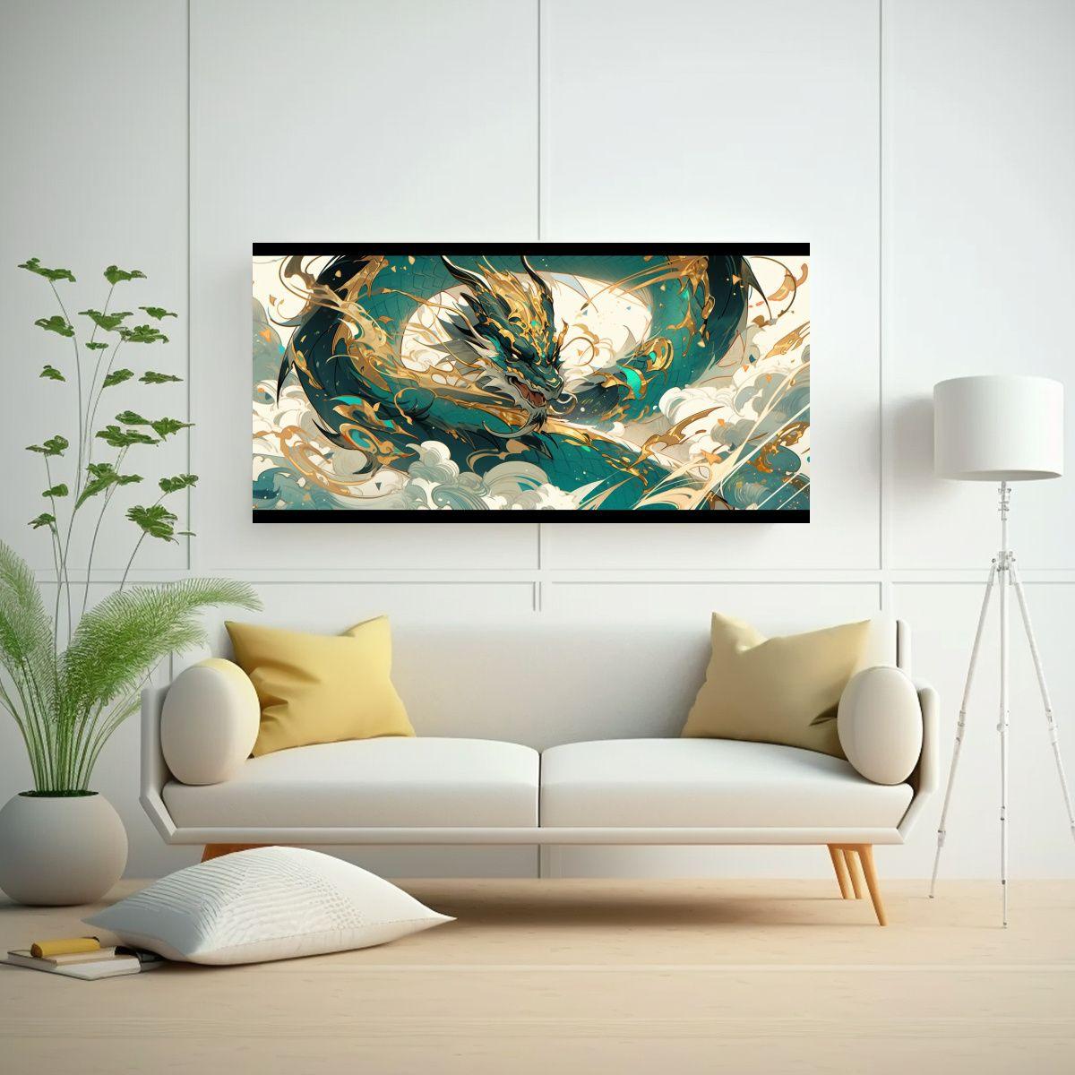 Cuadro En Bastidor Moderno Dragón Turquesa Y Oro 140x70cm-2