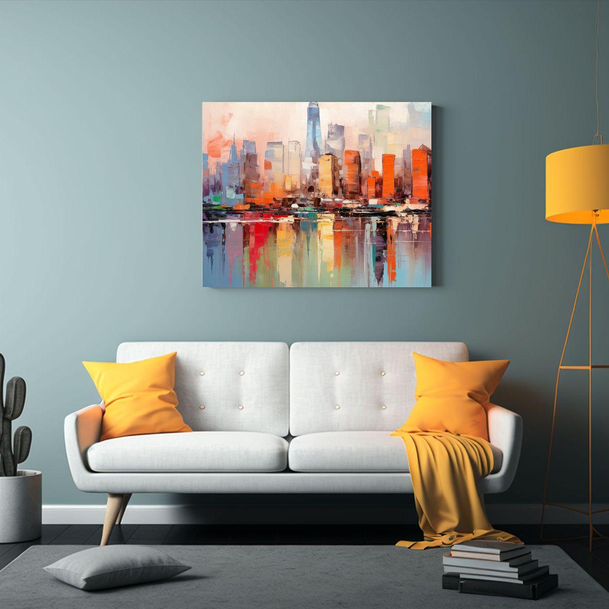 Pintura Contemporánea De Un Horizonte Colorido Con Skyline  65x50cm-2