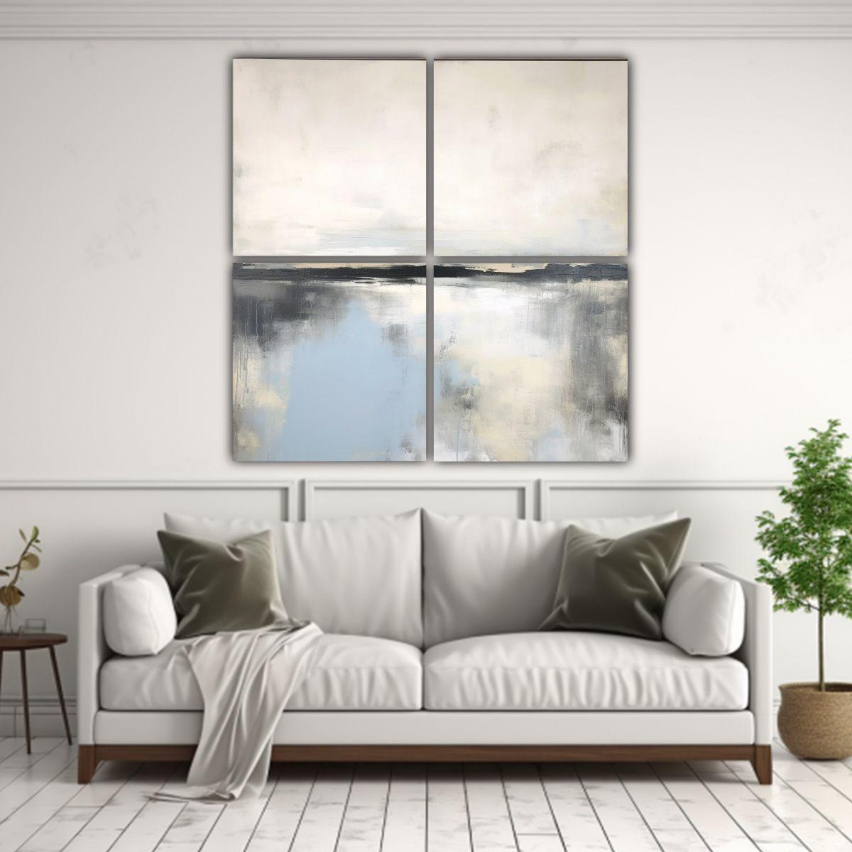 Pintura Abstracta Enmarcada En Gris Y Azul Estilo 140x140 Cm-2