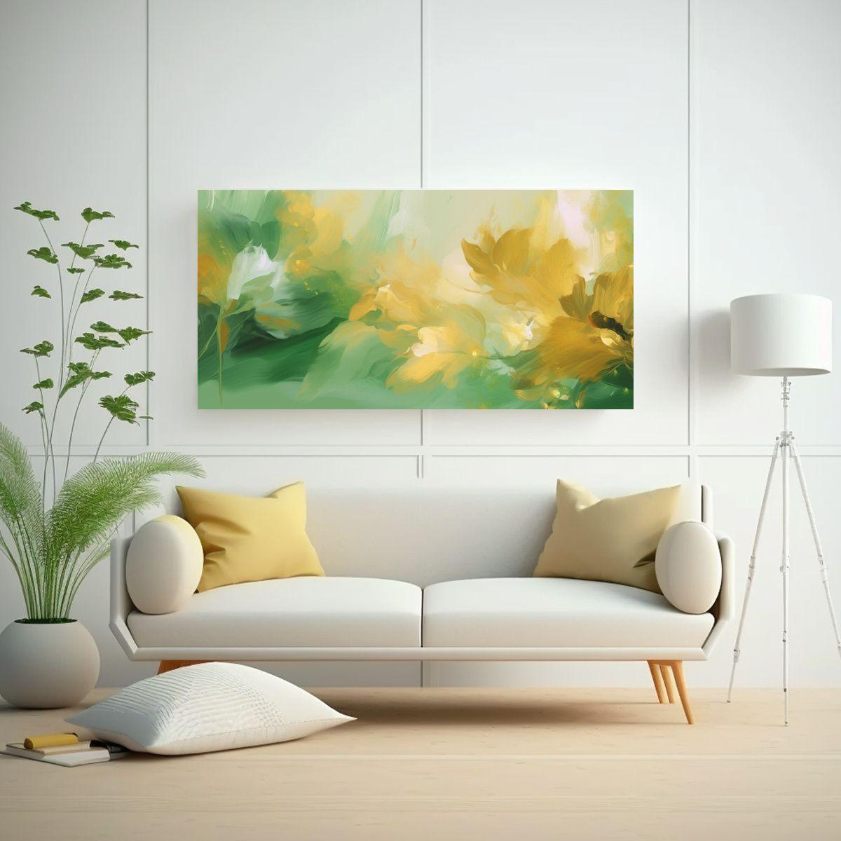 Cuadro Conceptual Abstracto Floral Verde Y Dorado 80x40cm-2