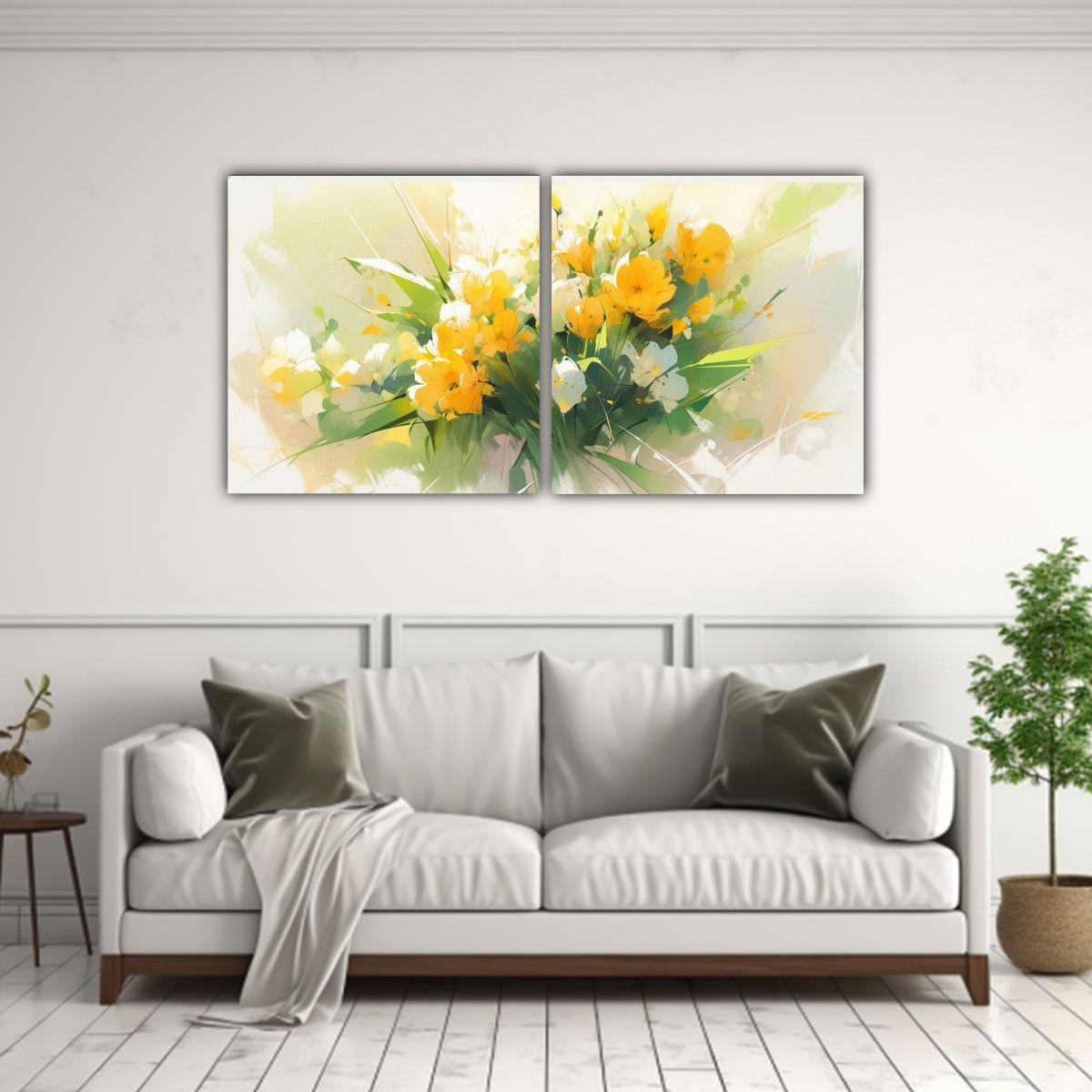Cuadro Lienzo Flores Amarillas Y Verdes Alta 140x70 Cm-2