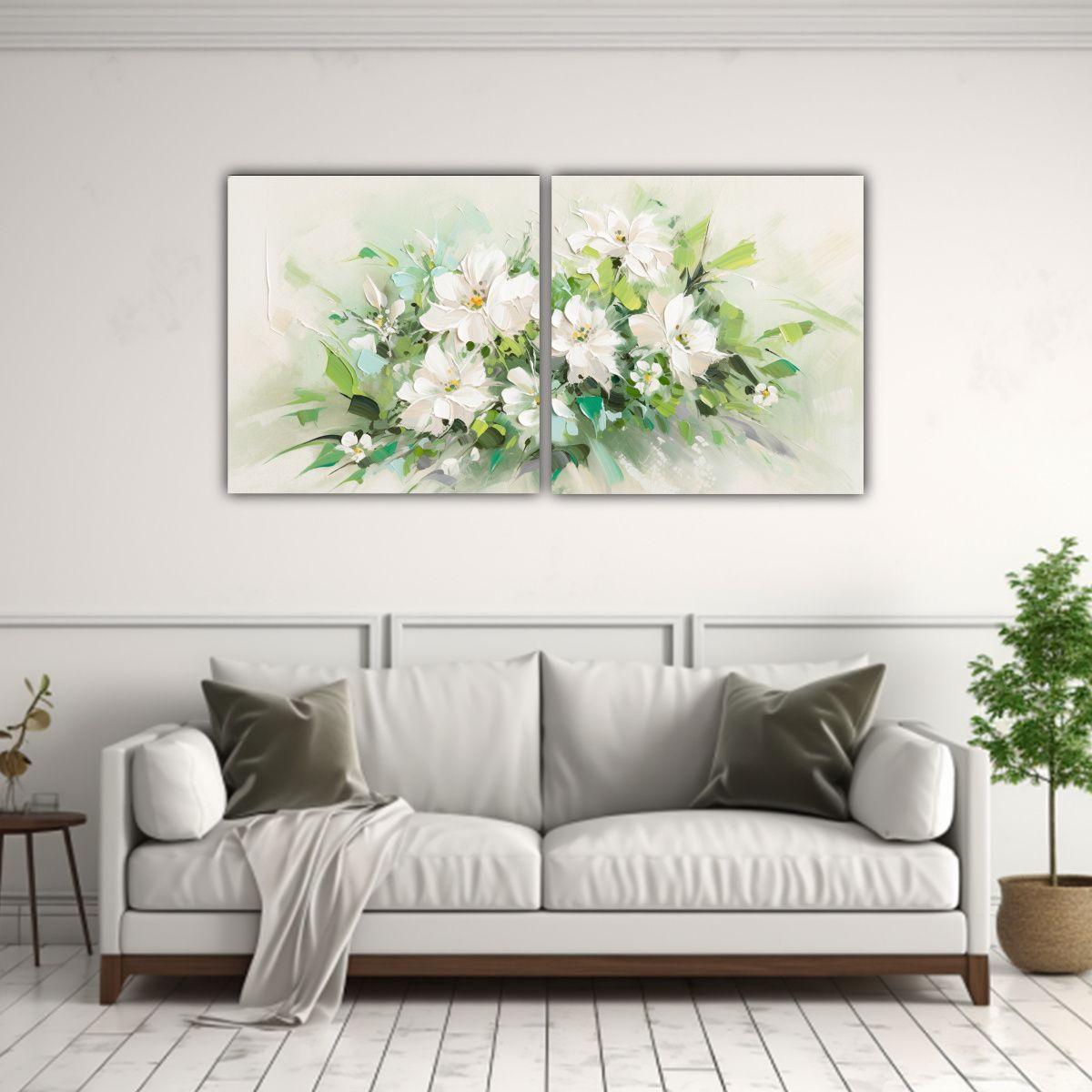 Cuadro De Flores En Lienzo Verde Y Blanco, 100x50 Cm-2