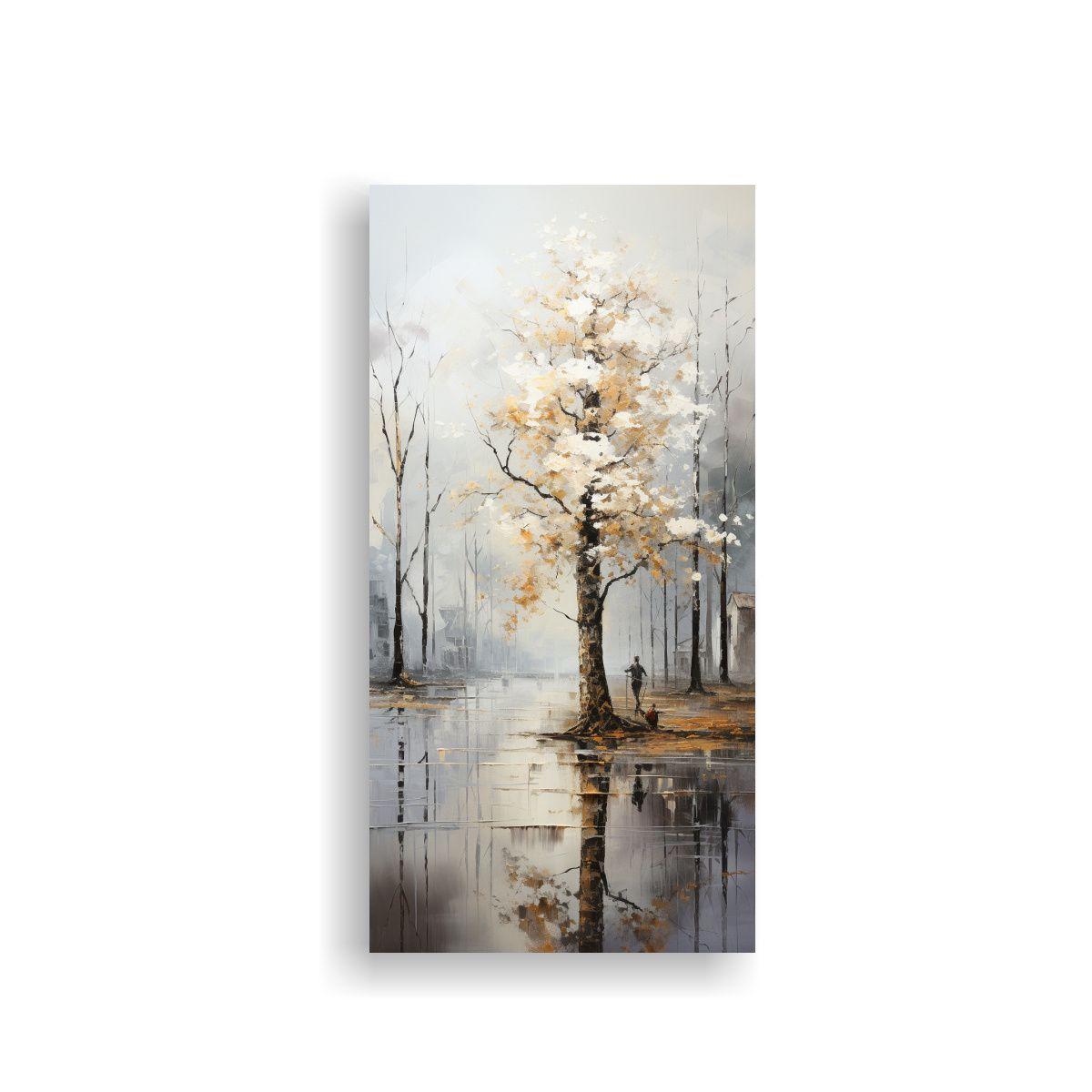 Pintura Abstracta De árboles En Plata Y Blanco 30x60cm-0
