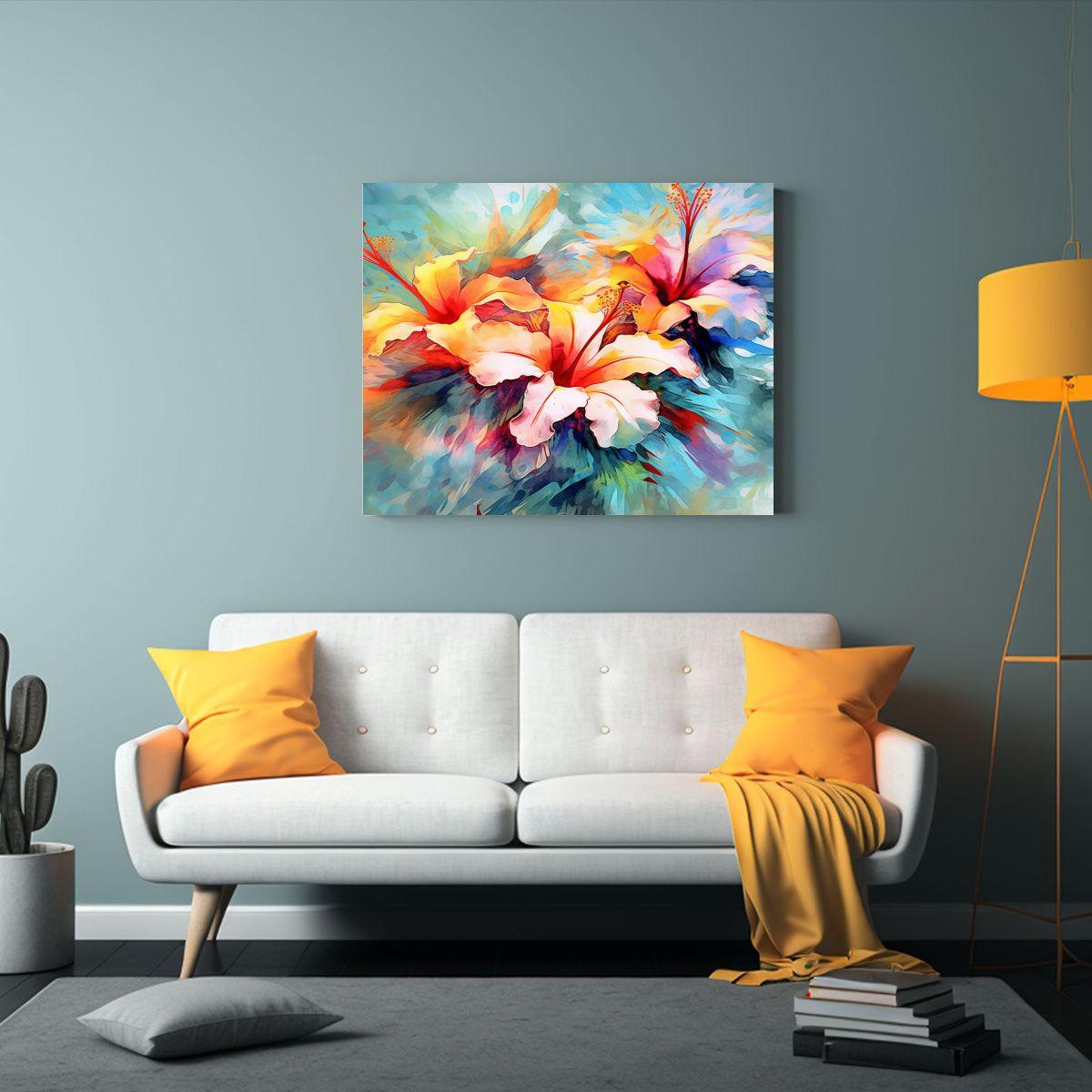 Cuadro Decorativo Flores Tropicales En Acuarela Fondo Blanco 65x50cm-2