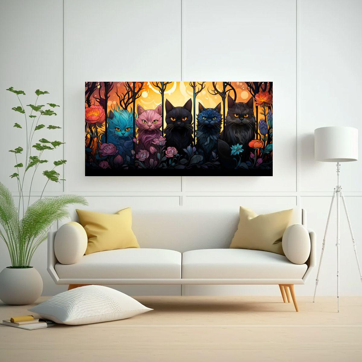 Cuadro Tela Simetría Gatos Negros Sonrientes 160x80cm-2