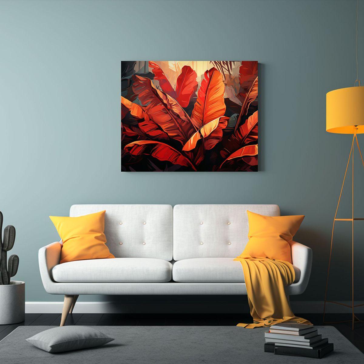 Cuadro Brillante Hojas De Plátano En Rojo Y Naranja, Atmosf 40x30cm-2