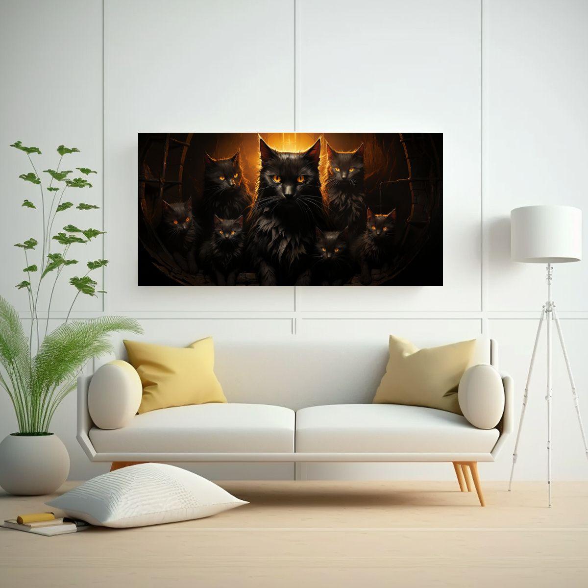 Cuadro Tela Nueve Gatos Negros Ojos Amarillos 120x60cm-2