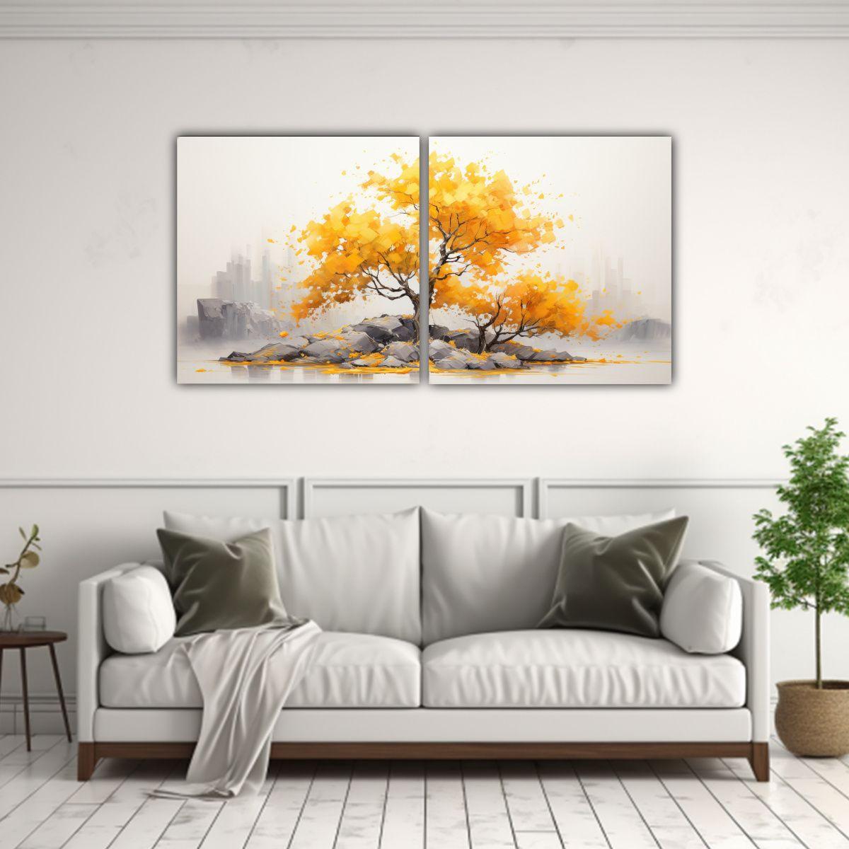 Arte Pared Dibujo Birch Bonsái Amarillo Y Oro 80x40 Cm-2