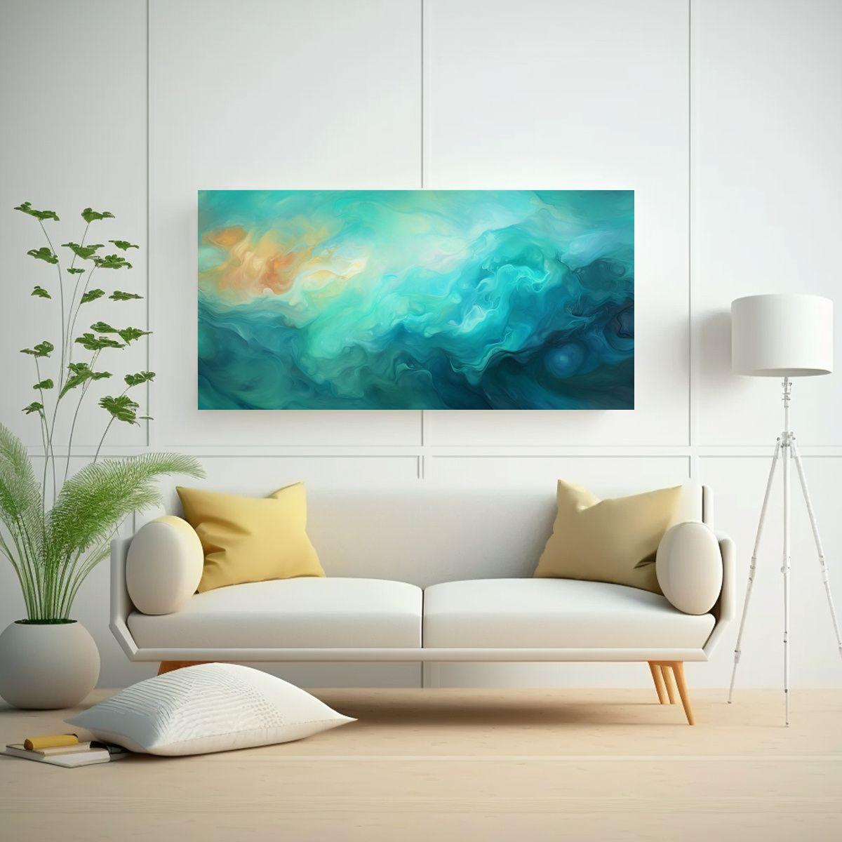Pintura Abstracta En Tonos Teal, Composición 60x30cm-2