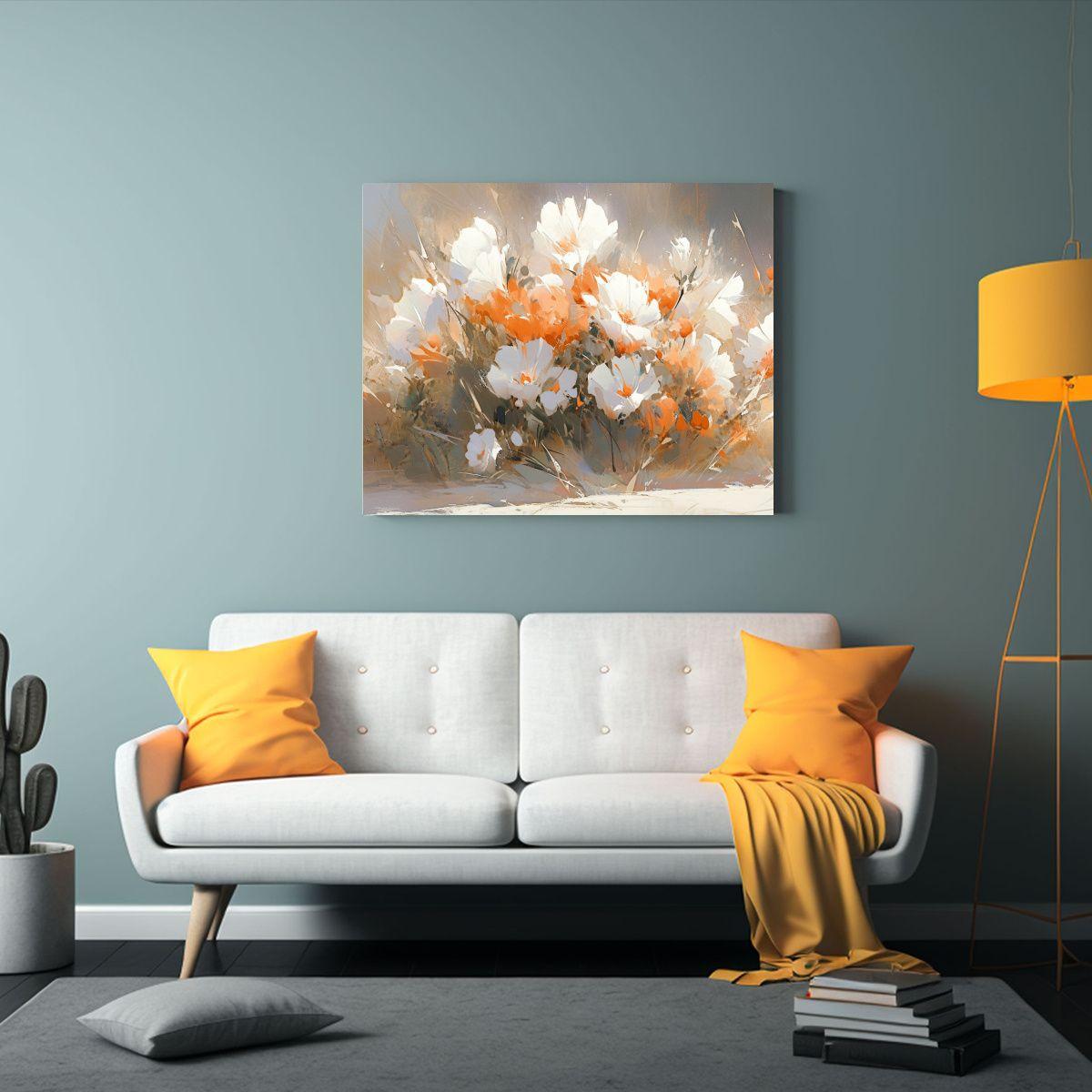 Cuadro De Flores Blancas Y Naranjas En Tela: 75x50cm-2