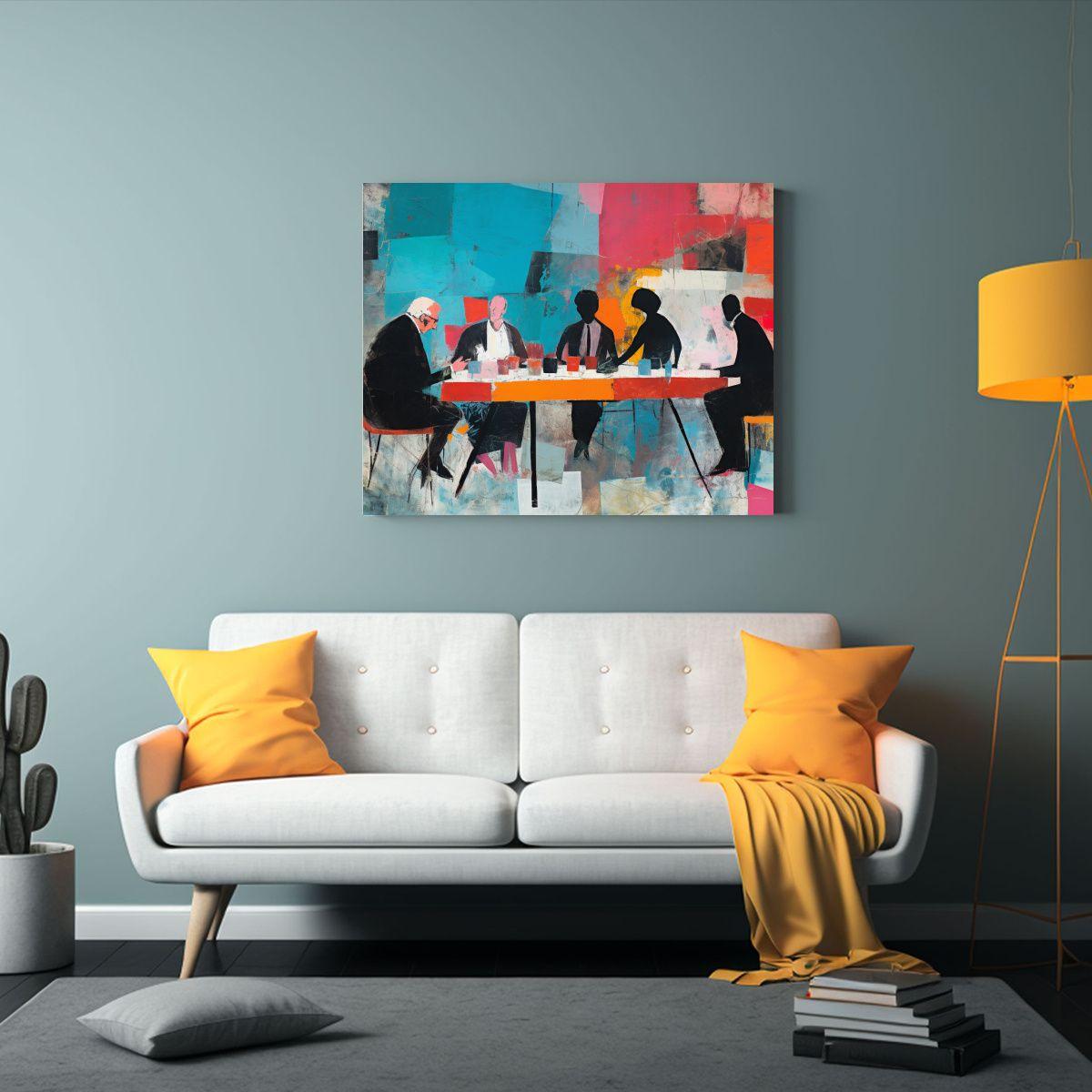 Pintura Abstracta De Personas Discutiendo Alrededor De Una M 75x50cm-2