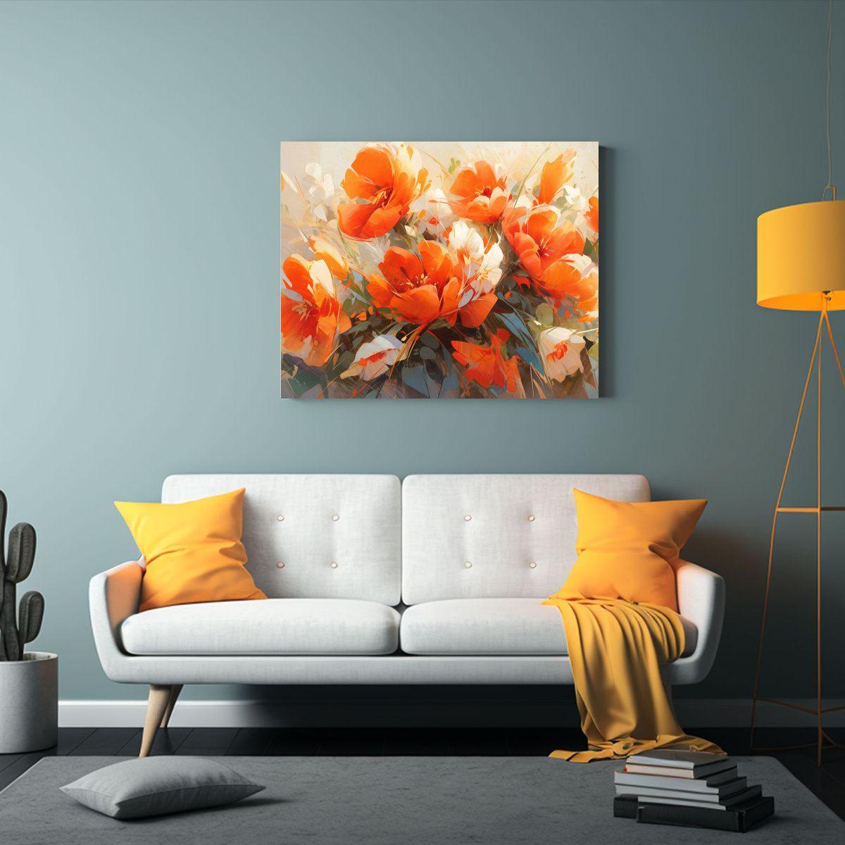 Pintura En Lienzo De Flores Exuberantes En Rojo Y Naranja 65x50cm-2