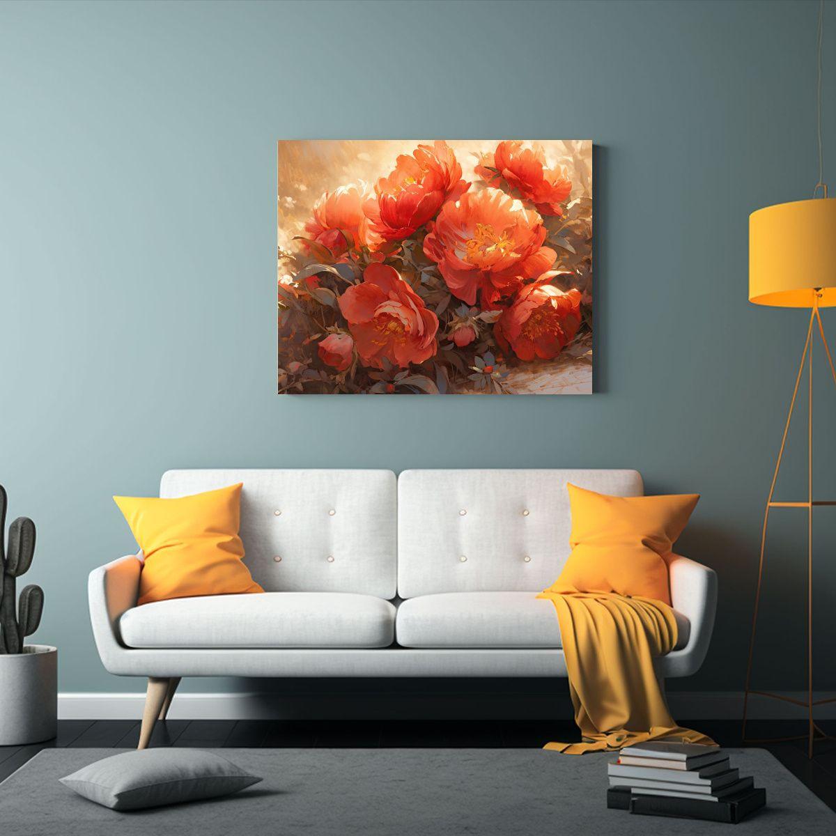 Cuadro De Flores Rojas Y Doradas En Lienzo Para Decoración. 60x40cm-2