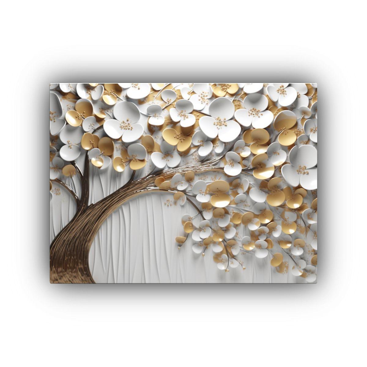 Pintura Abstracta De árbol Con Pétalos Blancos, Dorados Y  45x30cm-0