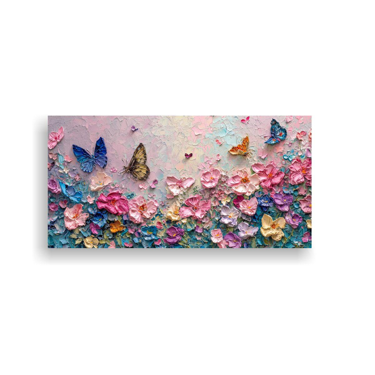 Lienzo Horizontal Con Mariposas Y Flores En Tonos 120x60cm-0