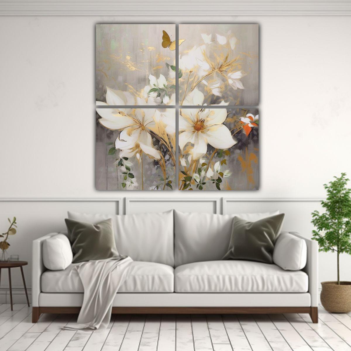 Cuatro Artes De Pared Patrón Floral Blanco Y Oro 60x60 Cm-2