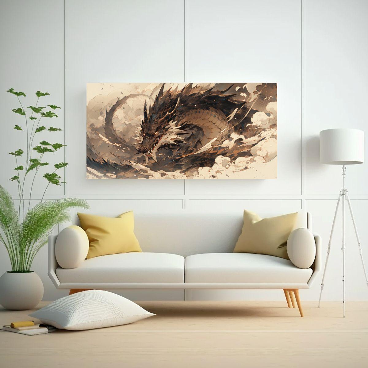 Pintura En Bastidor: Dragón Acuarela Y Marrón Ne 60x30cm-2
