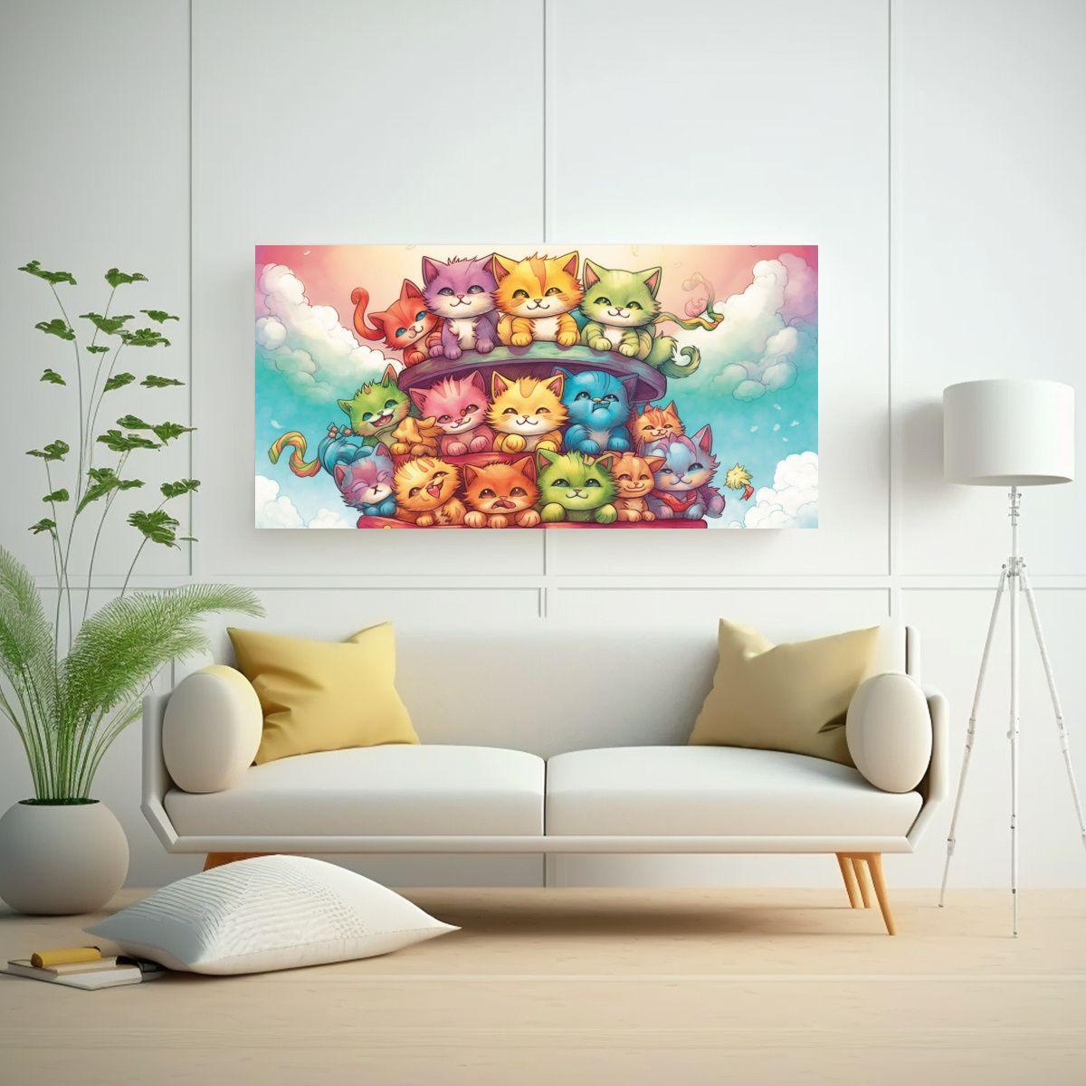 Pintura Gatos Colores Sentados En Pila Mirando 160x80cm-2