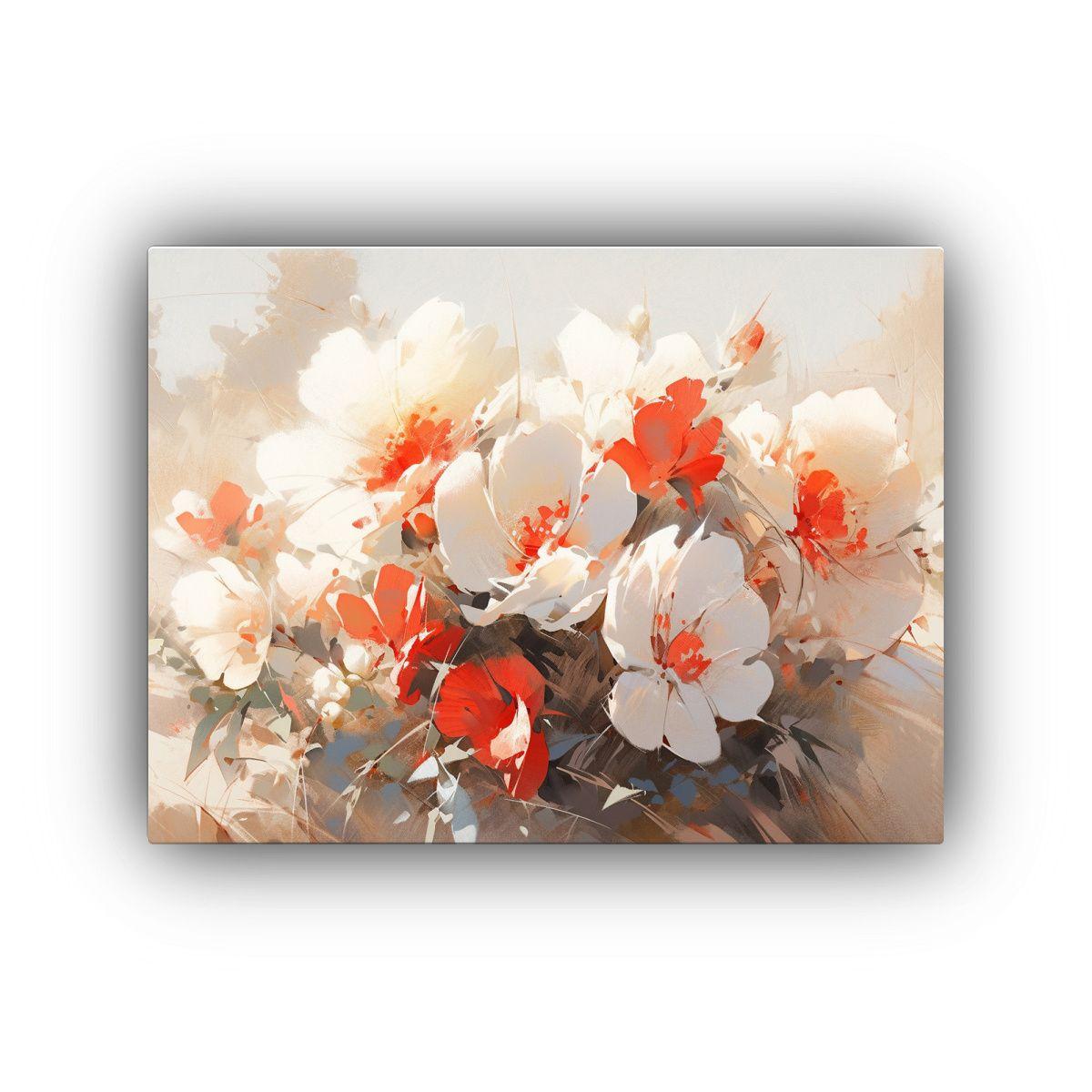 Pintura Lienzo Composición Blanco Y Rojo Con Flores En El S 45x30cm-0