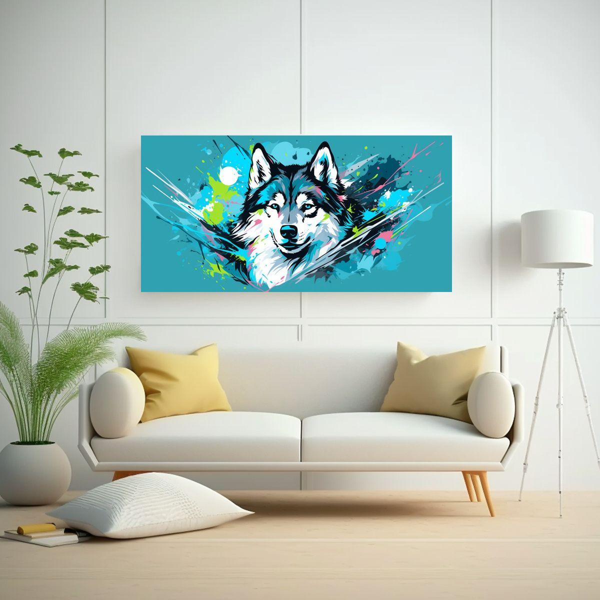 Pintura Decorativa De Un Husky En Colores Turquesa 60x30cm-2