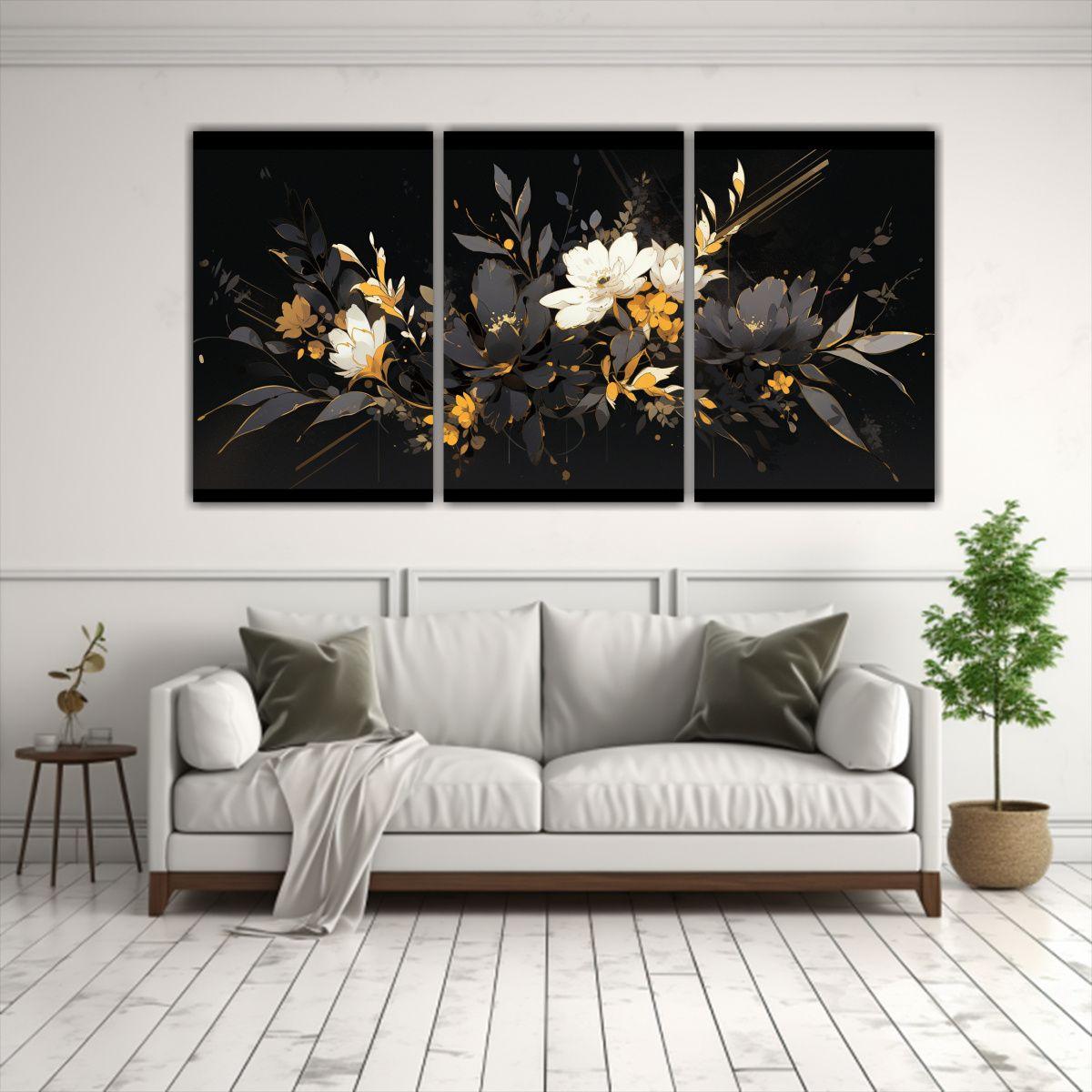 Tres Lienzos Concepto Living Gold &amp; Black: 90x45 Cm-2