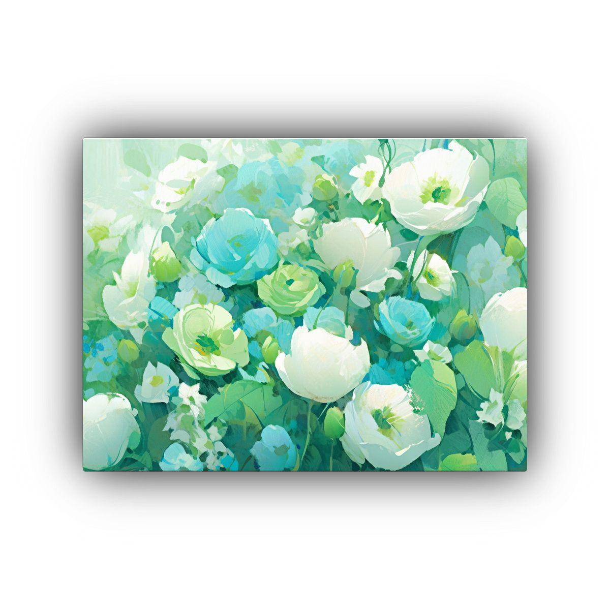 Cuadro De Flores Verde Y Cian En Tela Con Bastidor: Impactan 40x30cm-0