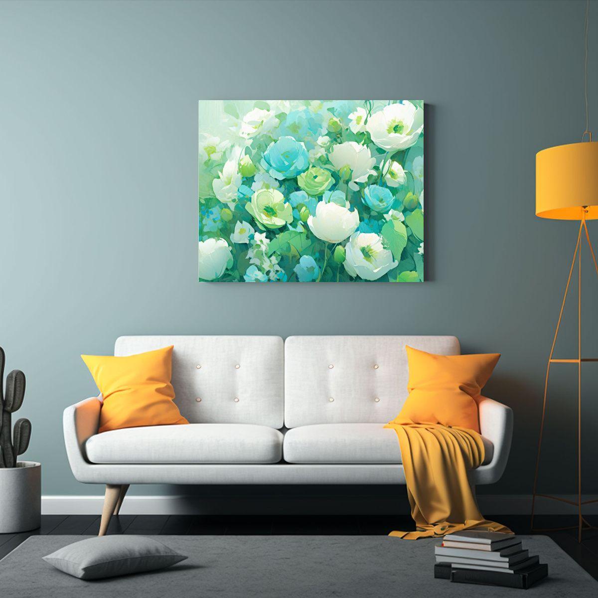 Cuadro De Flores Verde Y Cian En Tela Con Bastidor: Impactan 40x30cm-2