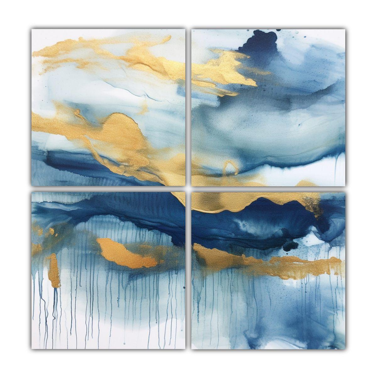 Cuadro Urbano En Azul Y Oro Con Fondo Blanco 160x160 Cm-0