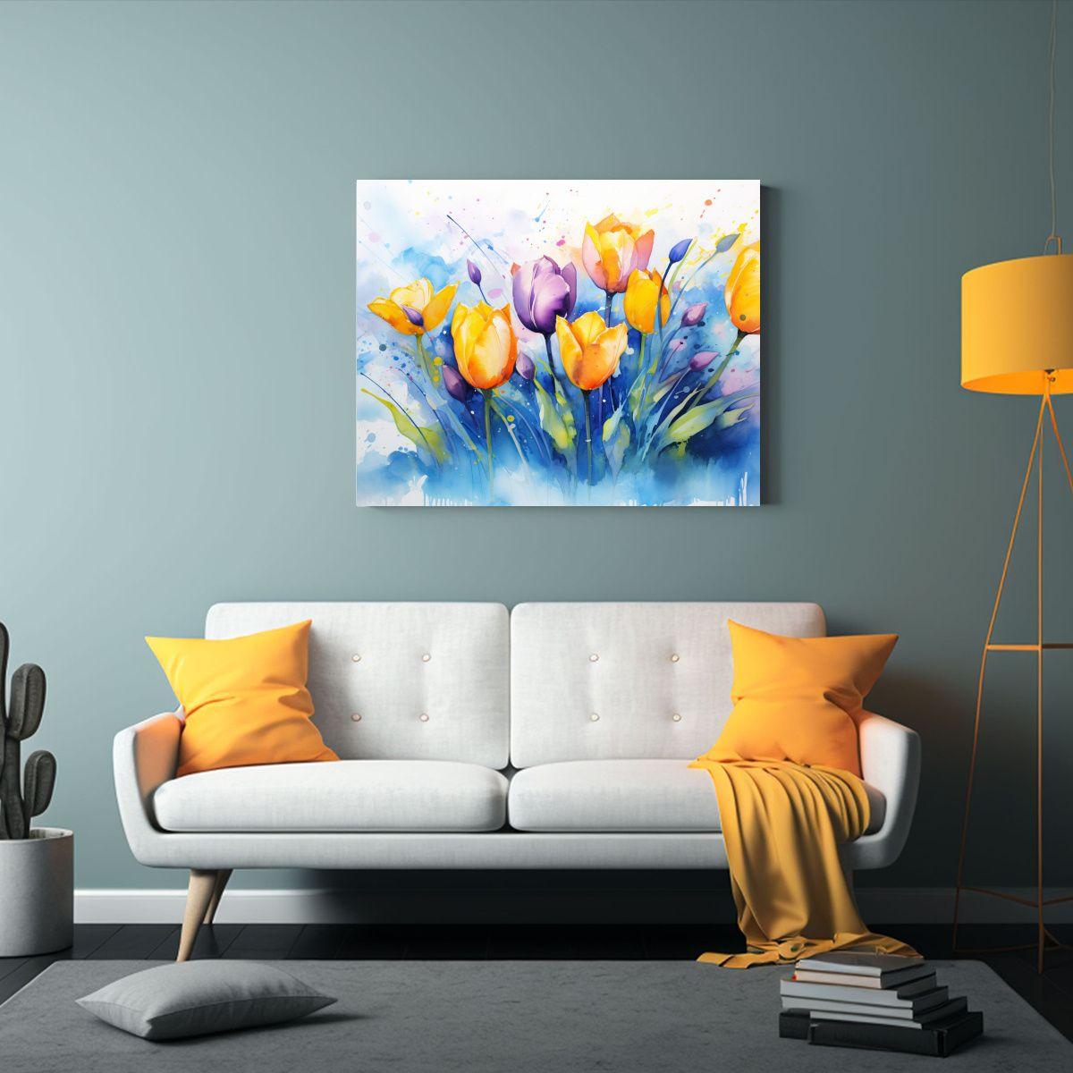 Pintura Abstracta De Tulipanes Amarillos Y Azules Para Decor 65x50cm-2