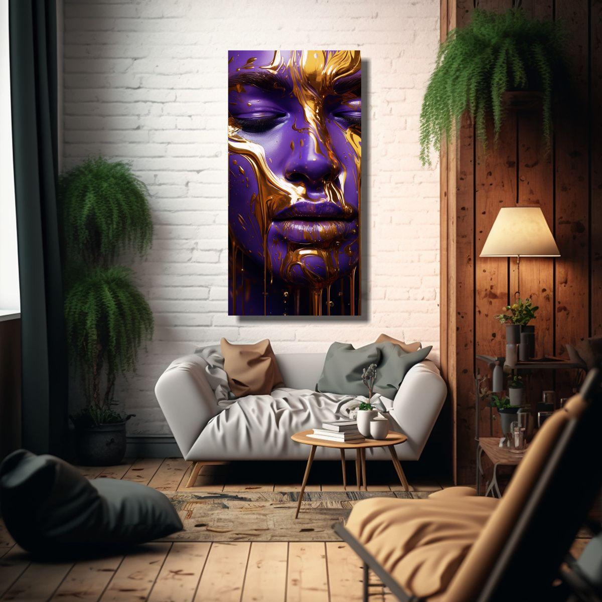 Cuadro Abstracción En Estilo Dorado Y Morado, 50x100 Cm-2