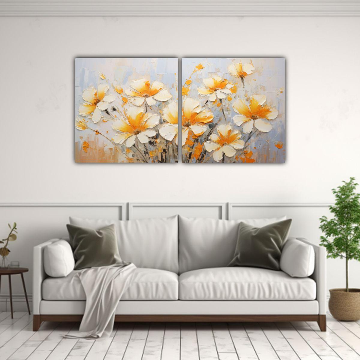 Pintura De Flores Amarillas Y Naranjas En Lienzo 60x30 Cm-2