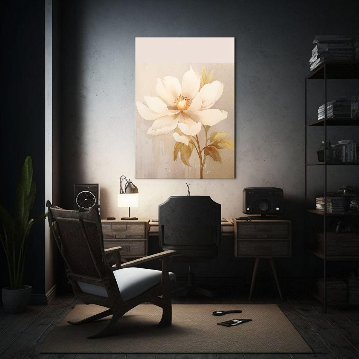 Flor Blanca En Fondo Beige, Lienzo Tela De Alta 20x30cm-2