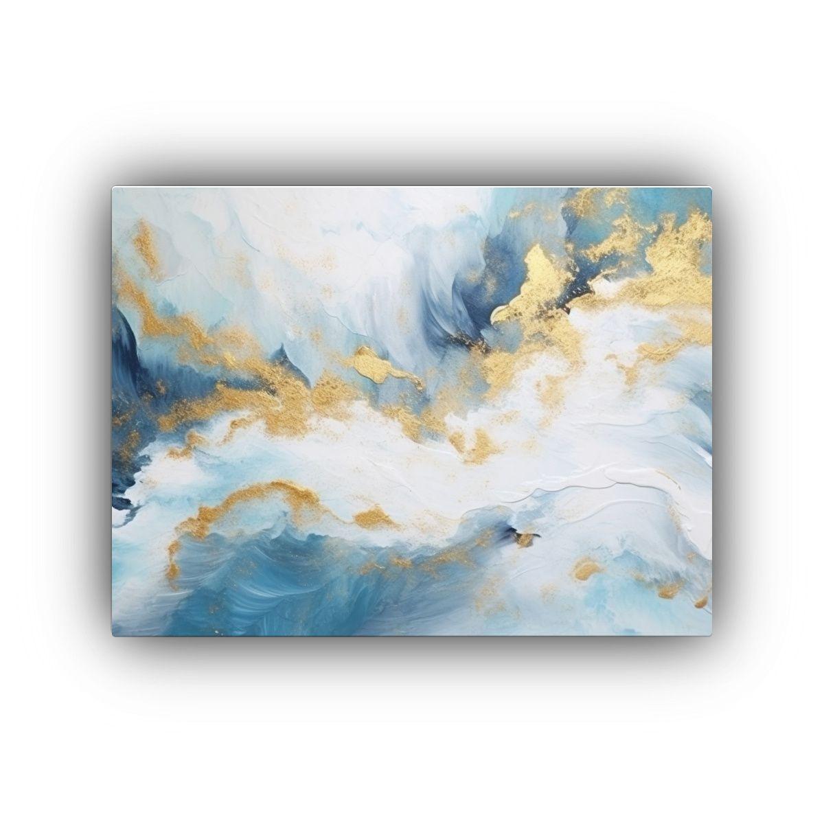 Cuadro Acuarela Abstracto Azul Y Blanco Con Detalles Dorados 75x50cm-0