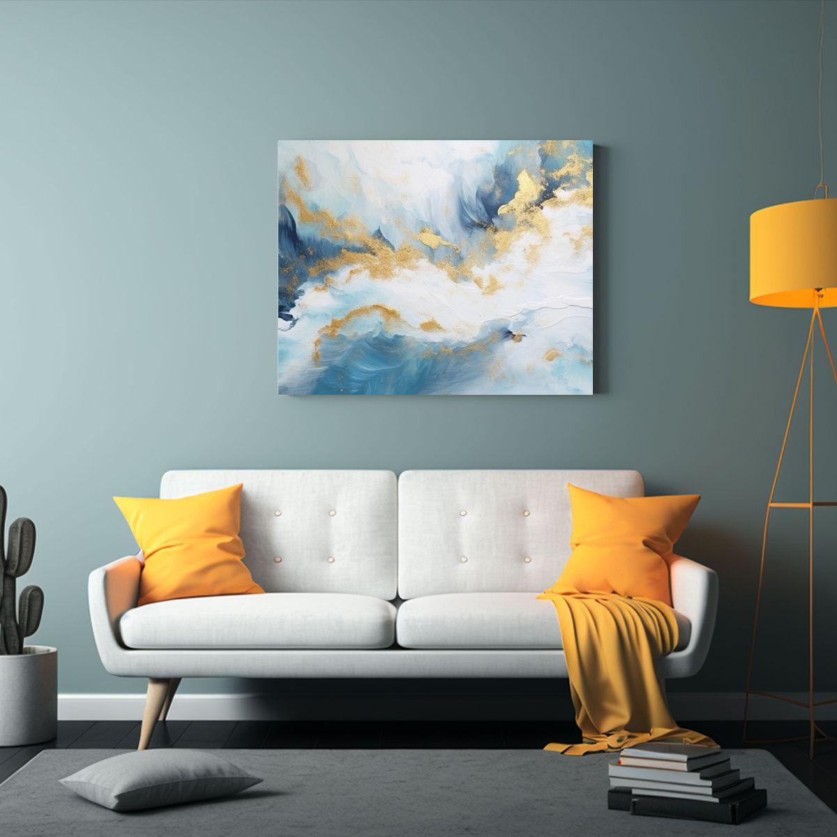 Cuadro Acuarela Abstracto Azul Y Blanco Con Detalles Dorados 75x50cm-2