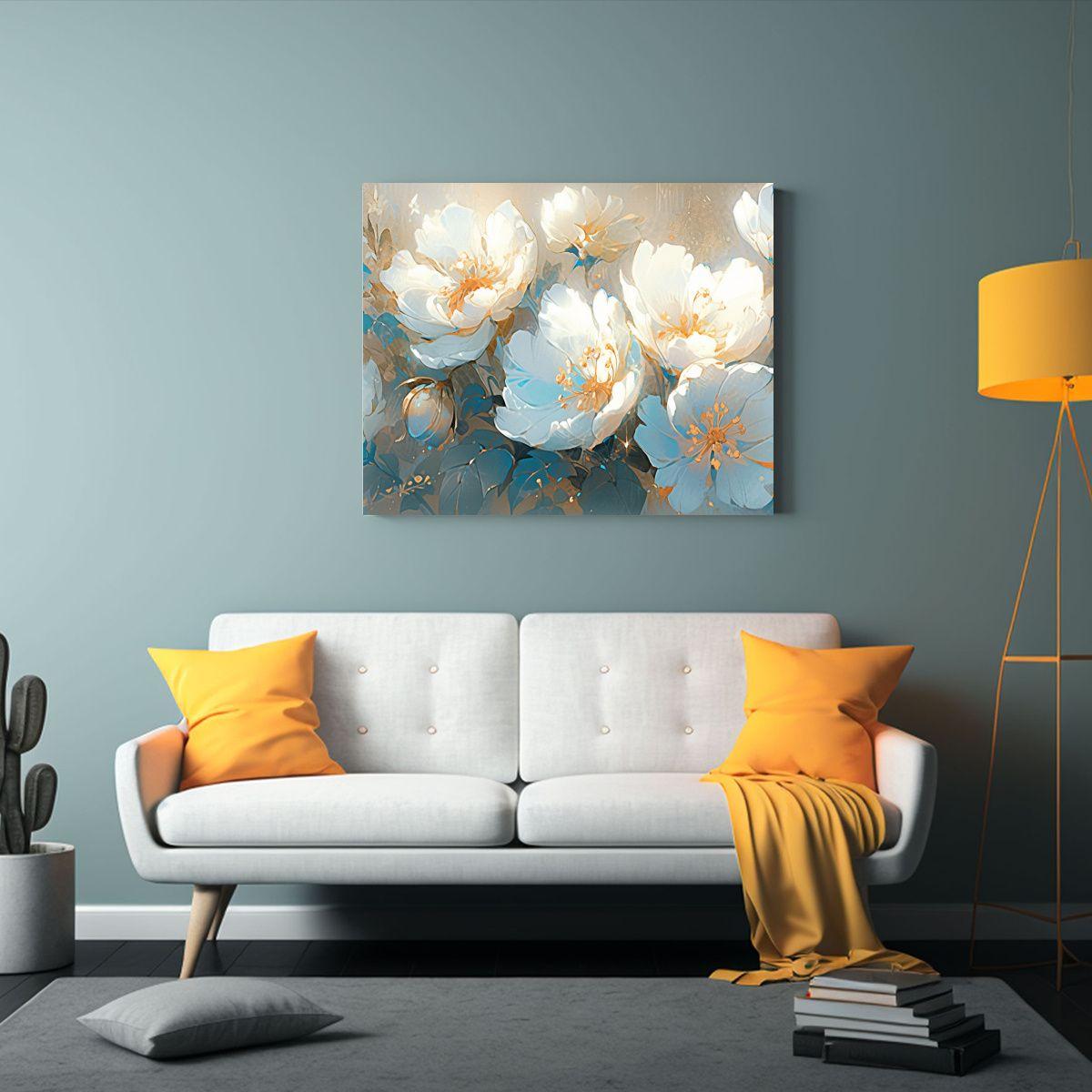 Cuadro Composición Regalo Turquesa Y Oro Con Flores En Lien 65x50cm-2