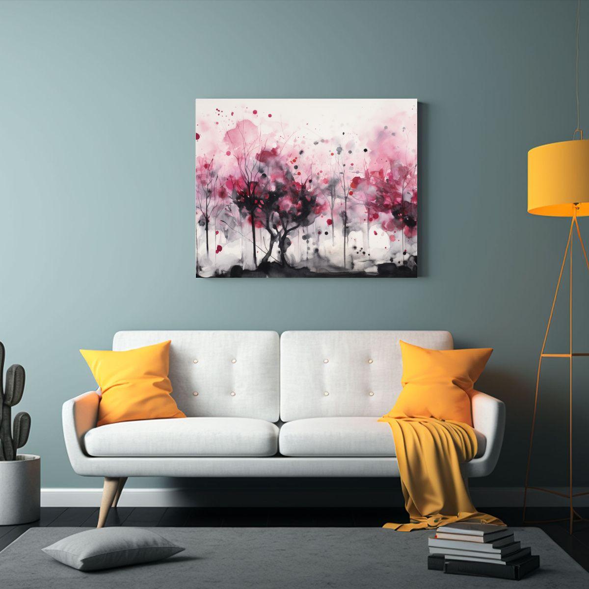 Pintura Abstracta De árboles Frutales En Colores Negro Y Ro 45x30cm-2
