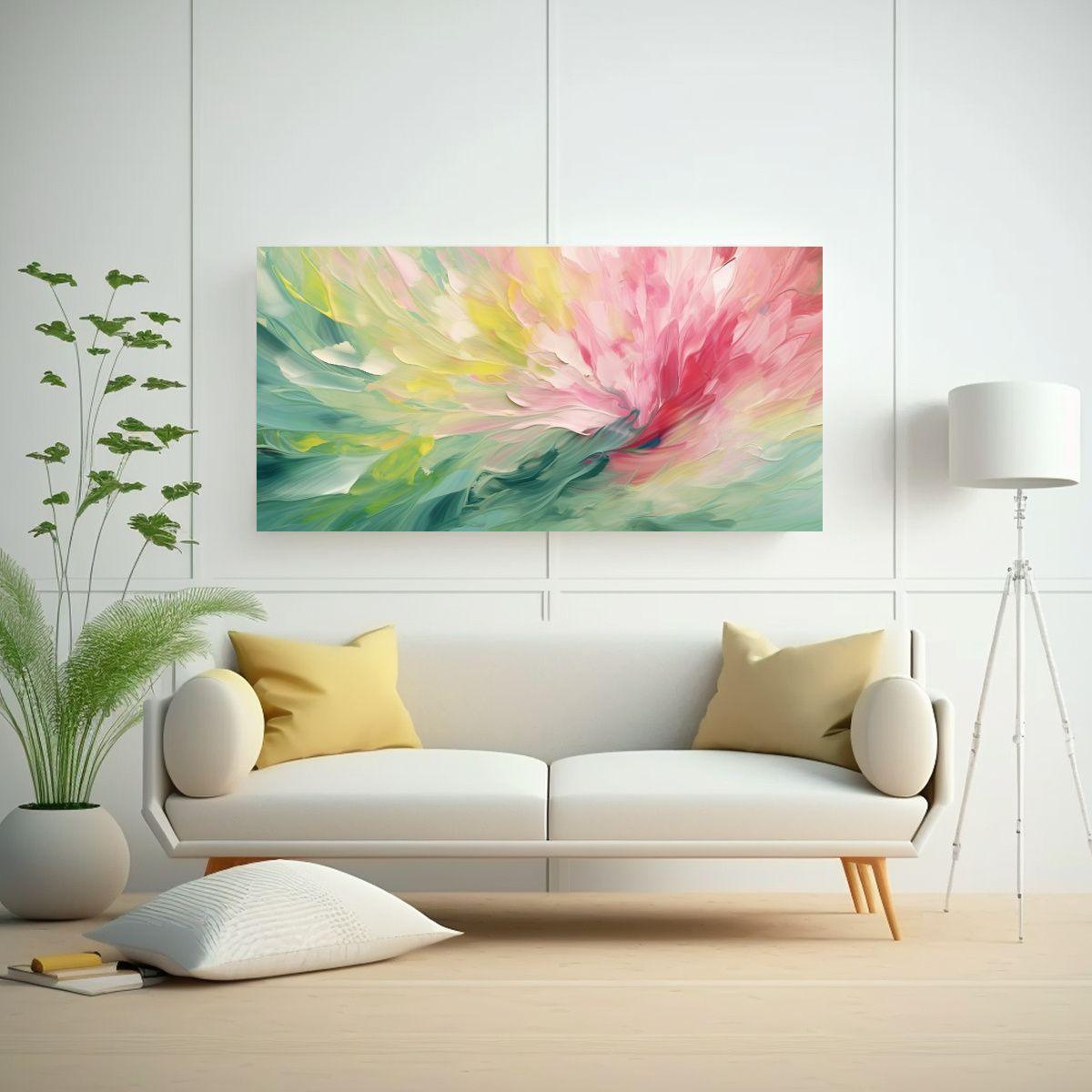 Cuadros Florales Abstractos En Tela: Rosa Y Verde 40x20cm-2