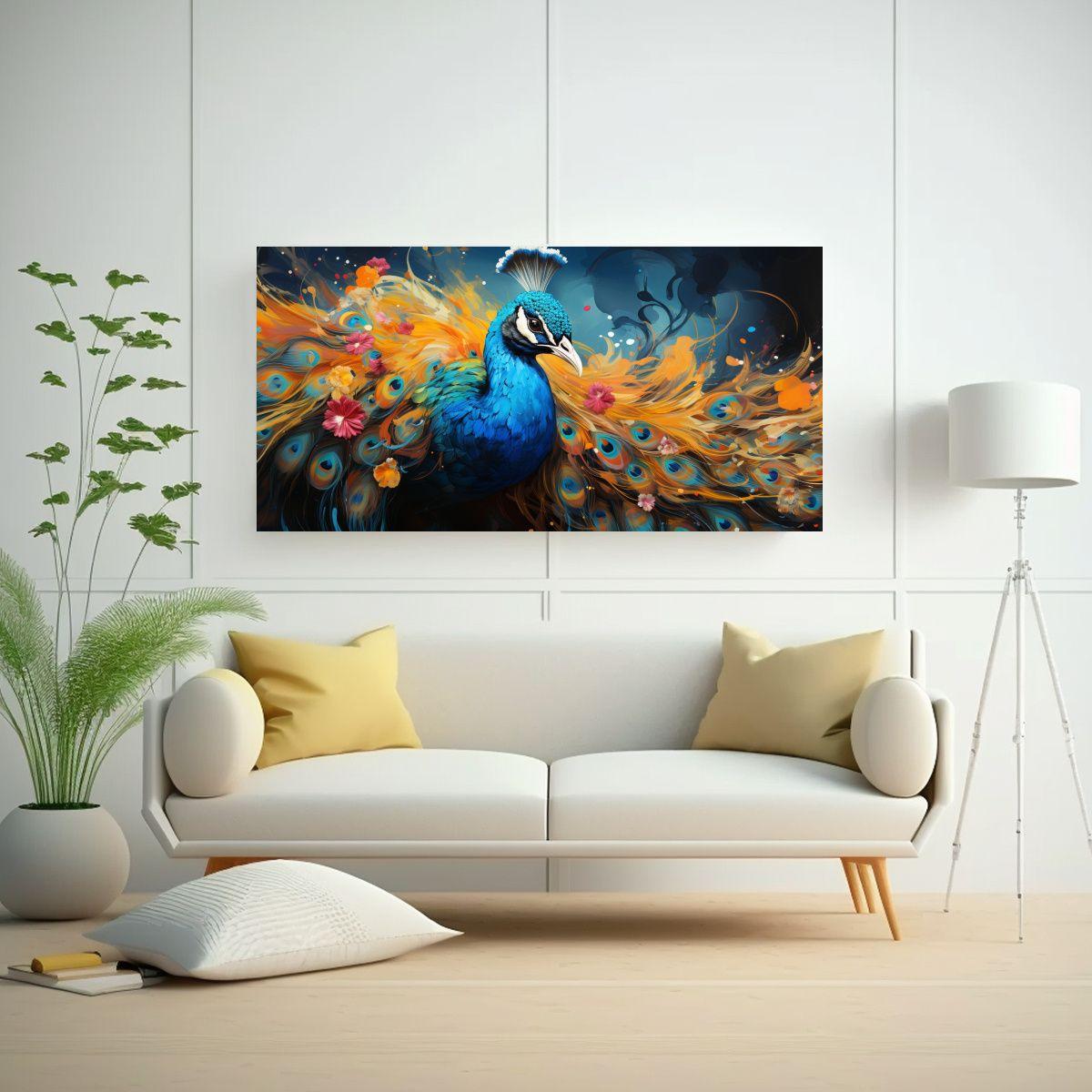 Pintura Decorativa Simétrica Aves En Colores Pavo 40x20cm-2