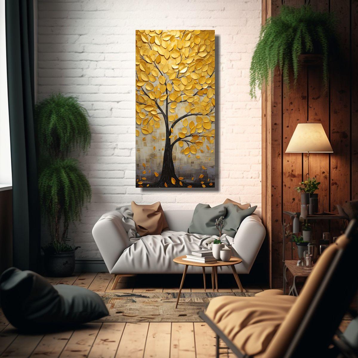 Pintura Decorativa De Árbol En Oro Y Amarillo 70x140cm-2
