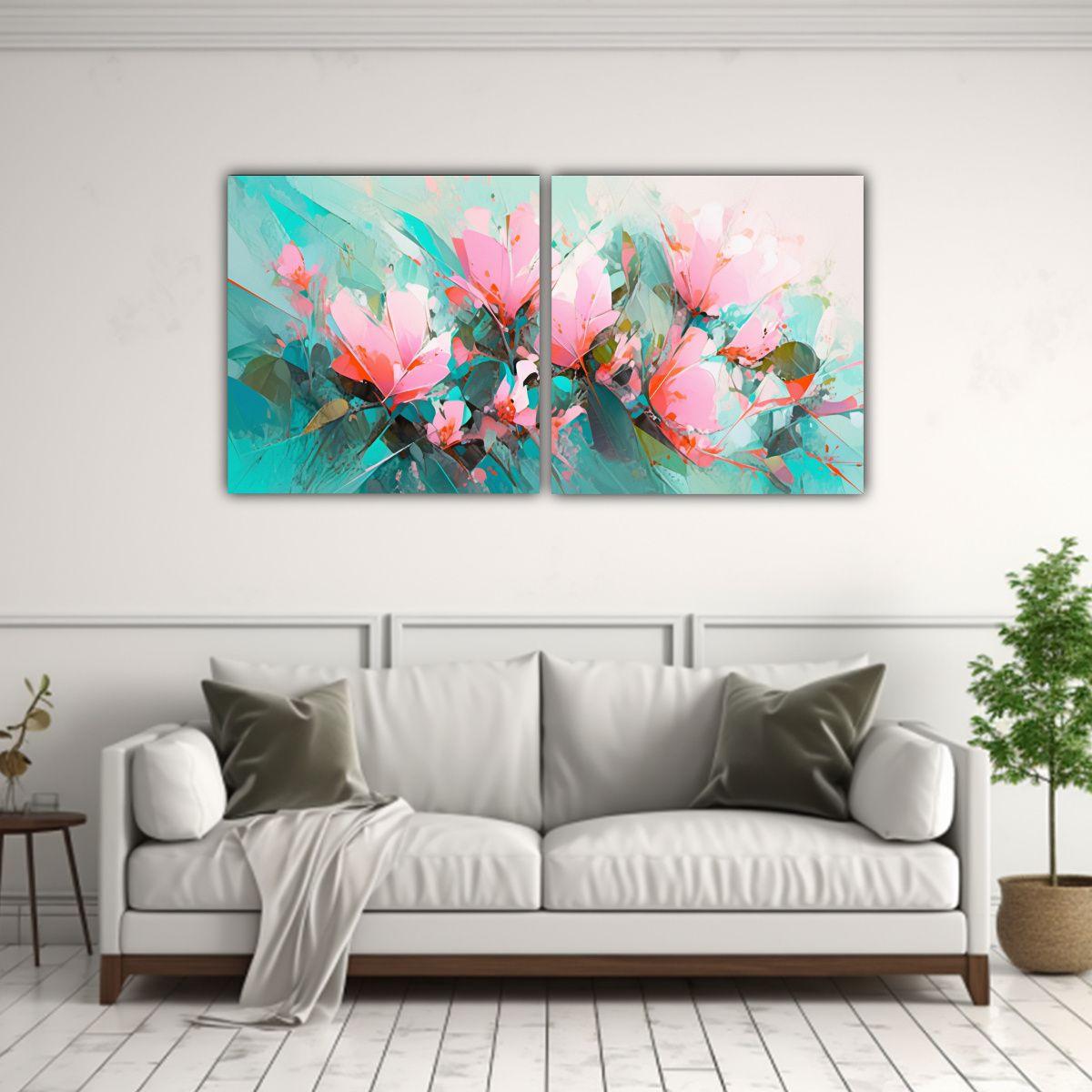 Arte De Pared Con Flores Turquesa Y Rosa En Lienzo 140x70 Cm-2