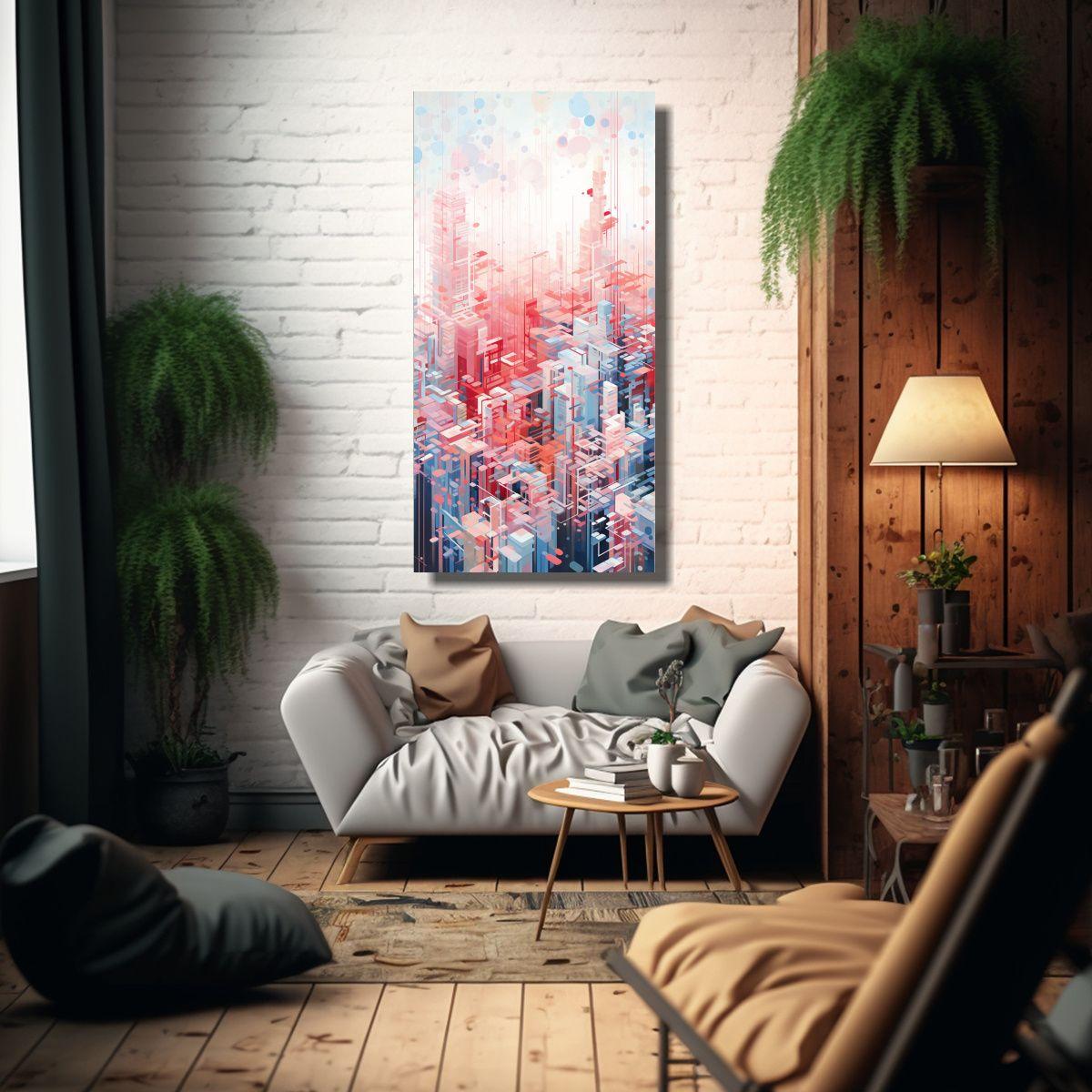 Cuadro Cuadro Bastidor Madera Ciudad Geométrica 70x140 Cm-2