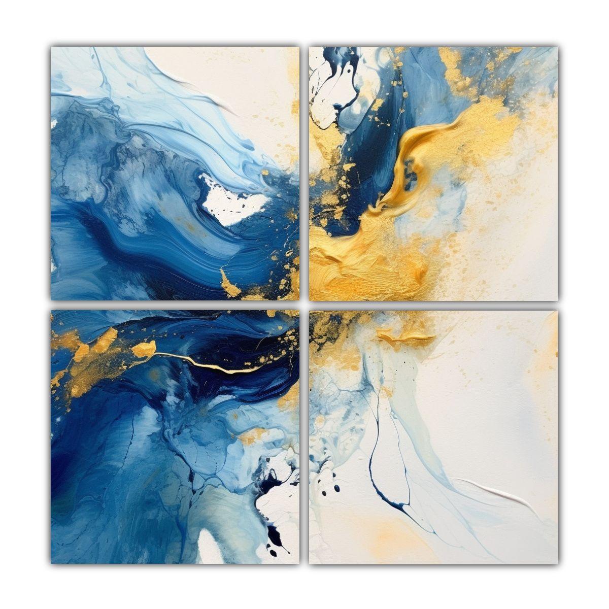 Pintura Abstracta Azul Y Dorada Con Fondo Blanco 140x140 Cm-0