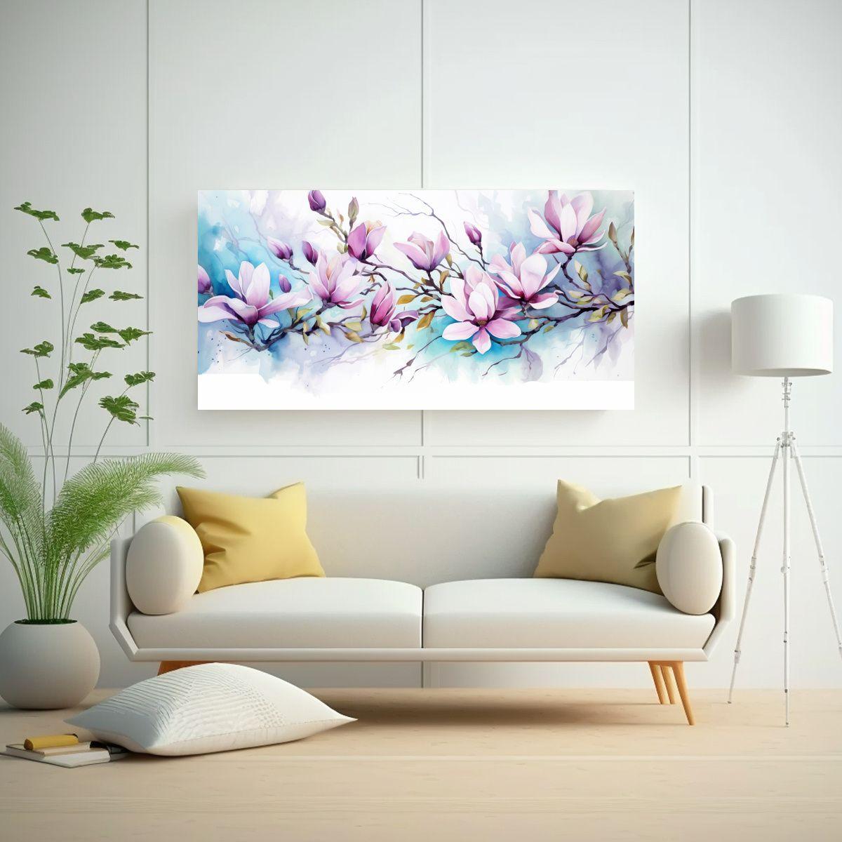 Cuadro De Magnolias En Colores Morado Y Turquesa, 80x40cm-2