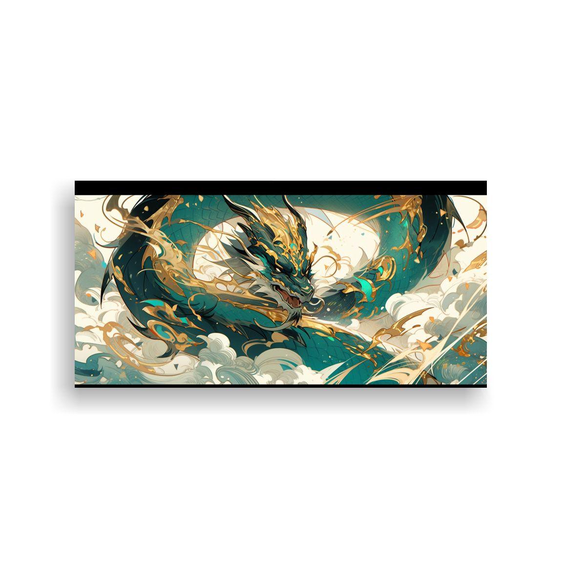 Cuadro En Bastidor Moderno Dragón Turquesa Y Oro 120x60cm-0