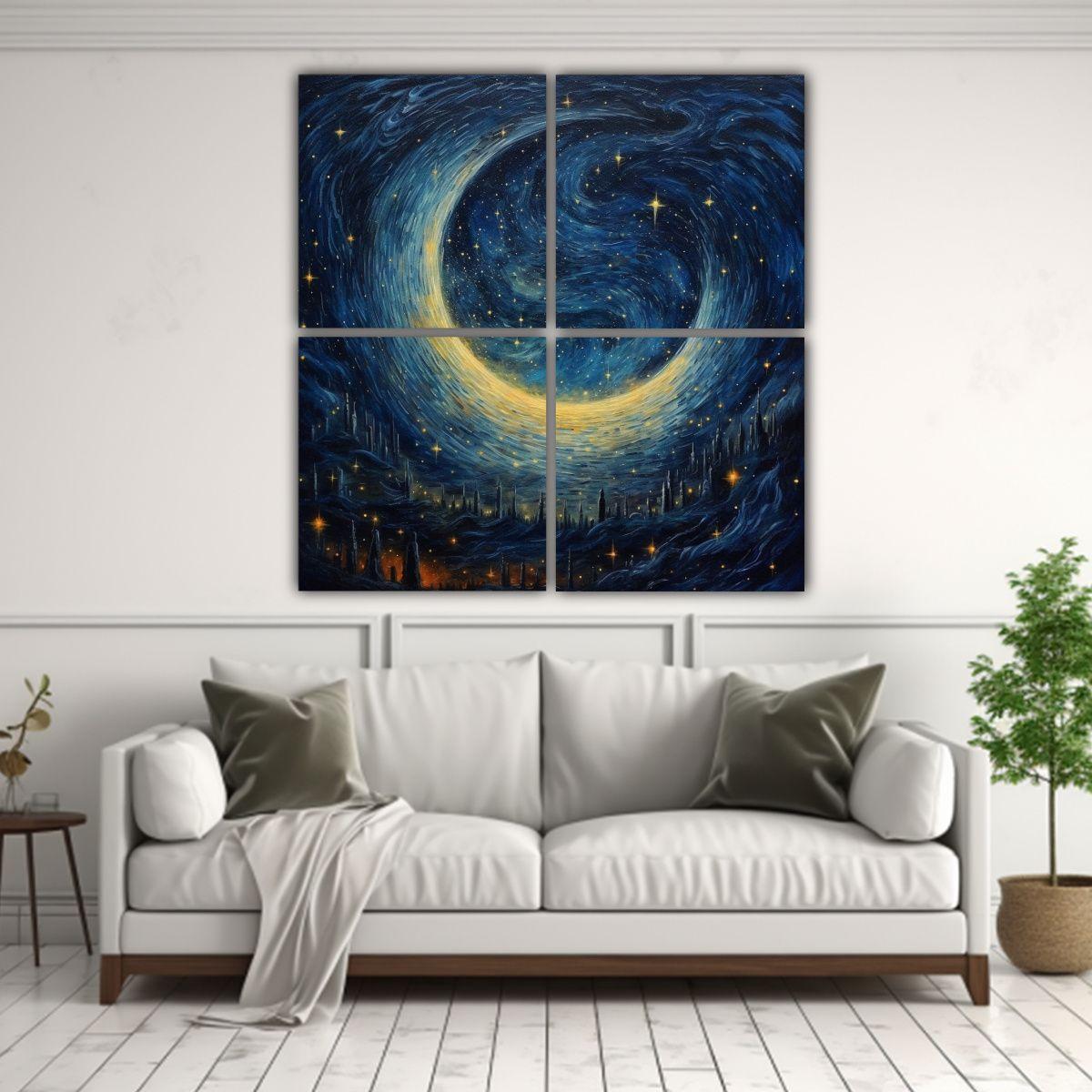 Cuadro Vintage Estrellado Noche Luna Cielo 120x120 Cm-2