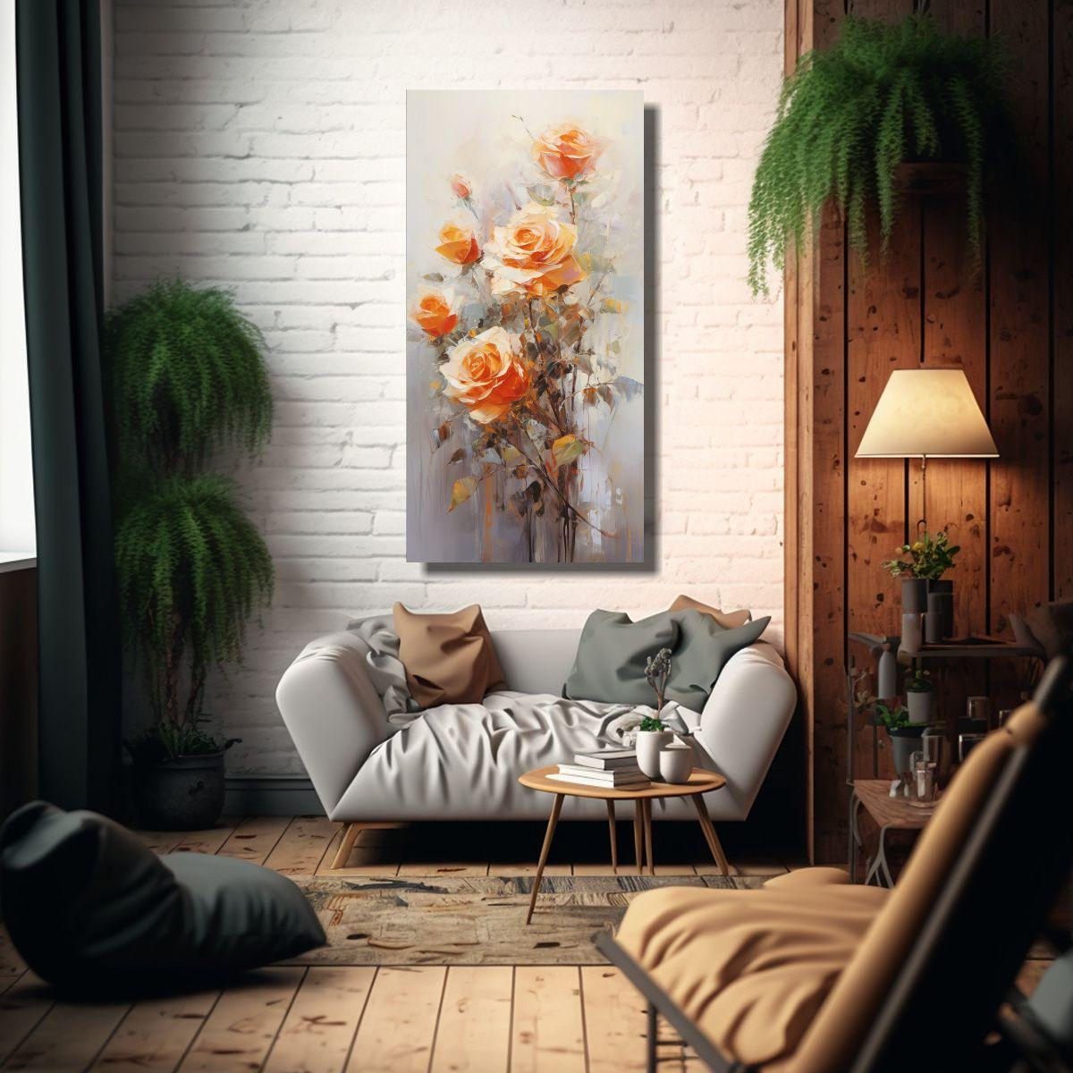 Pintura En Lienzo De Rosas Naranjas En El Estilo 20x40cm-2