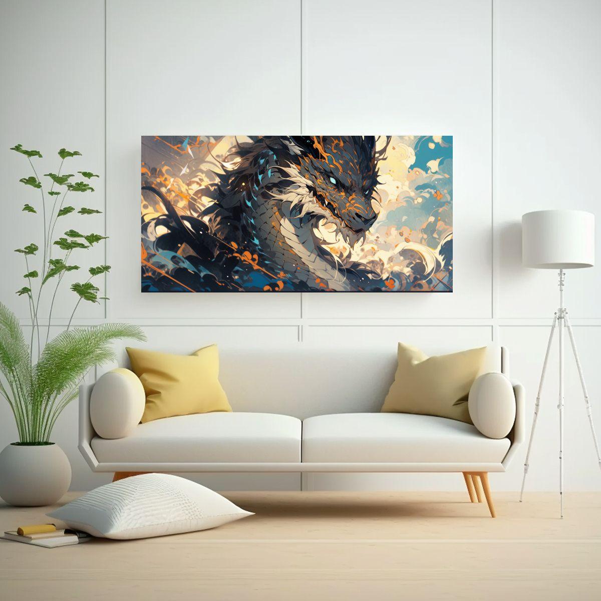 Cuadro Innovadora De Dragón En Tonos Marrón Y Az 80x40cm-2