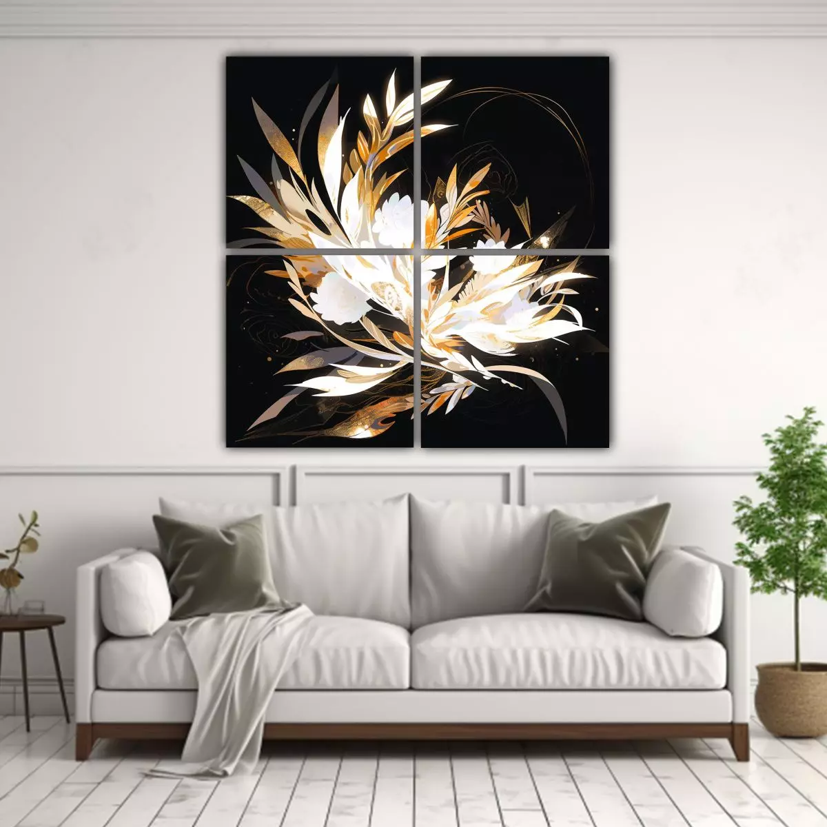 4 Lienzos Concepto Impresionante En Blanco Y Oro, 140x140 Cm-2